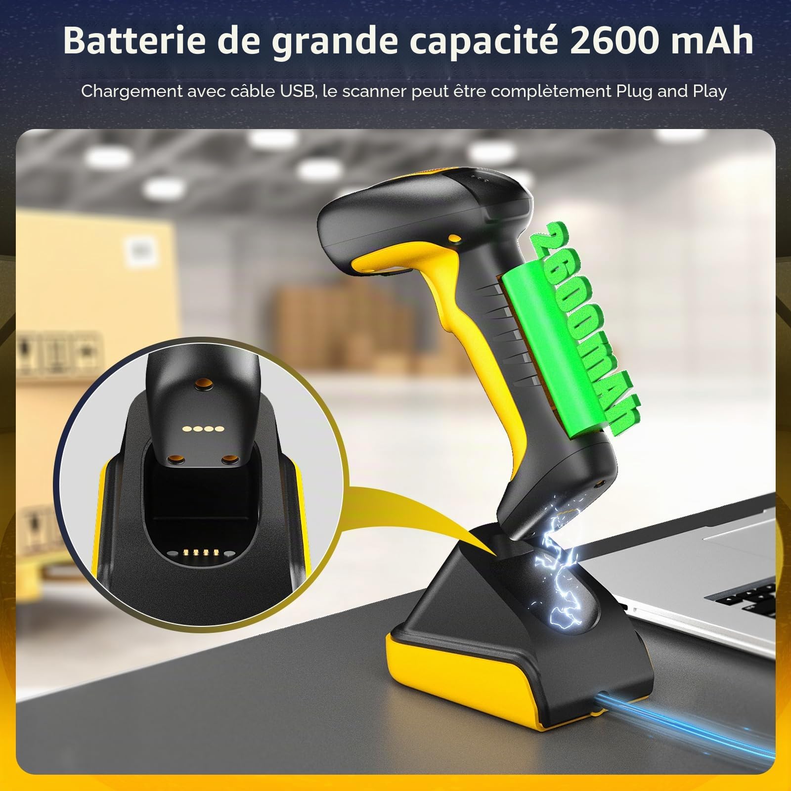 NetumScan Lecteur de codes-barres Bluetooth sans fil 1D/2D de qualité industrielle, batterie 2600 mAh avec station de charge, compatible avec POS, PC, iPhone, Android pour vente au détail (jaune)