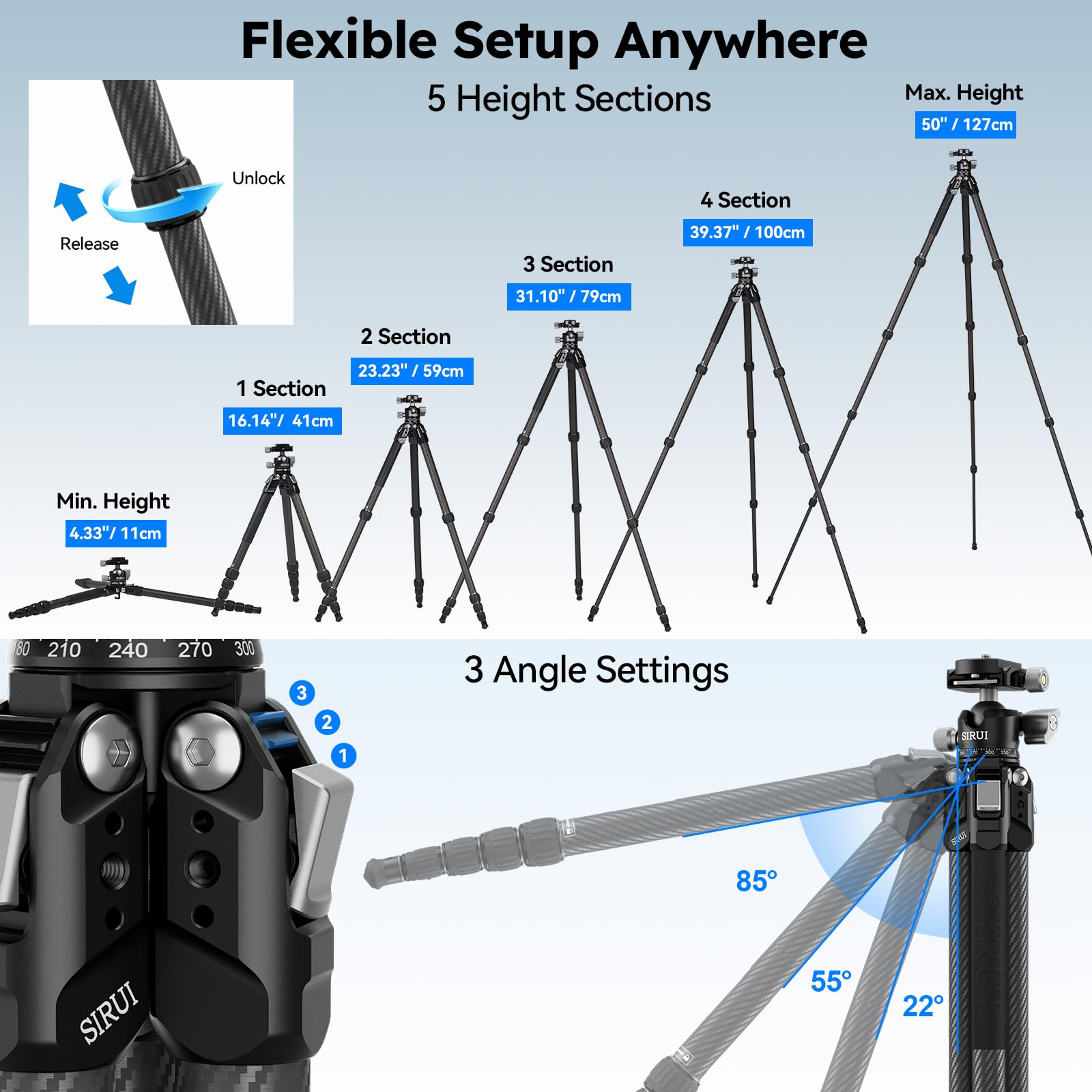 SIRUI 50“ Trípode de Viaje en Fibra de Carbono Tripode Compacto, con Cabeza de Bola Baja, Placa Quick Release para Arca, Carga 8kg para Cámara y Teléfono -AM-225S+G0