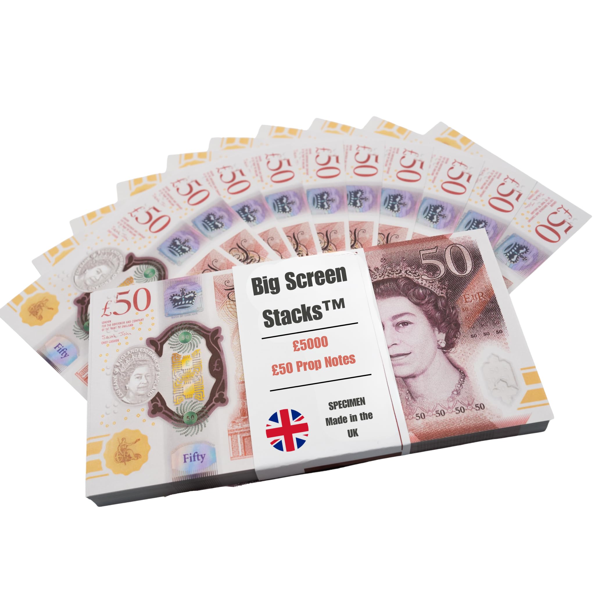 BIG SCREEN STACKS | 100 x £50-Style Prop Money Notes | Single-Sided Paper Design | Oversized & SPECIMEN Marked | Film, TV, Theatre & Photography Props