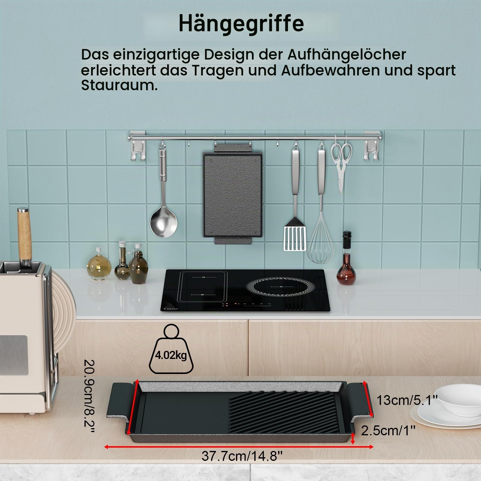 Grillplatte 38x21 cm mit Seitengriffen Aufhängeloch glatte antihaftbeschichtete Plancha aus Gusseisen Guss für alle Herdarten inkl. Induktion & Backofen