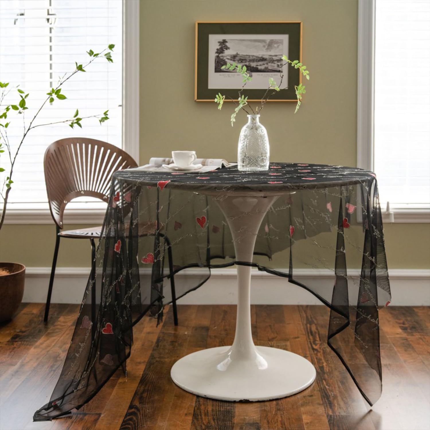 FOELANNE Embroidered Lace Tablecloth, Embroidered Flower Lace Tablecloth Multicolor Multiple Sizes(Red Love,150x220cm)