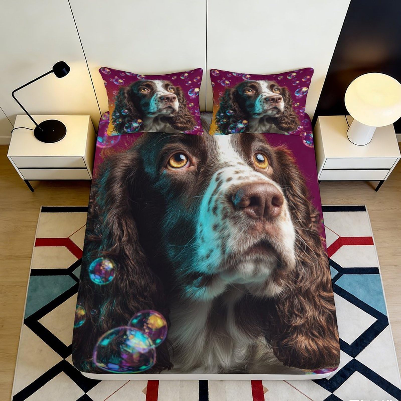 3D Printed Spaniel Dog Fitted Sheet Microfiber Soft Purple Bubble Mattress Cover for Bedroom Guest Room Decor 90x200x25cm