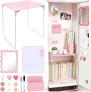 15 Pcs Pink Locker Accessories Kit with Locker Shelf, Magnetic Mirror, Whiteboard, Pen Holder, Markers, Magnets, Back to School Essentials Locker Organizer Decorations for Girls