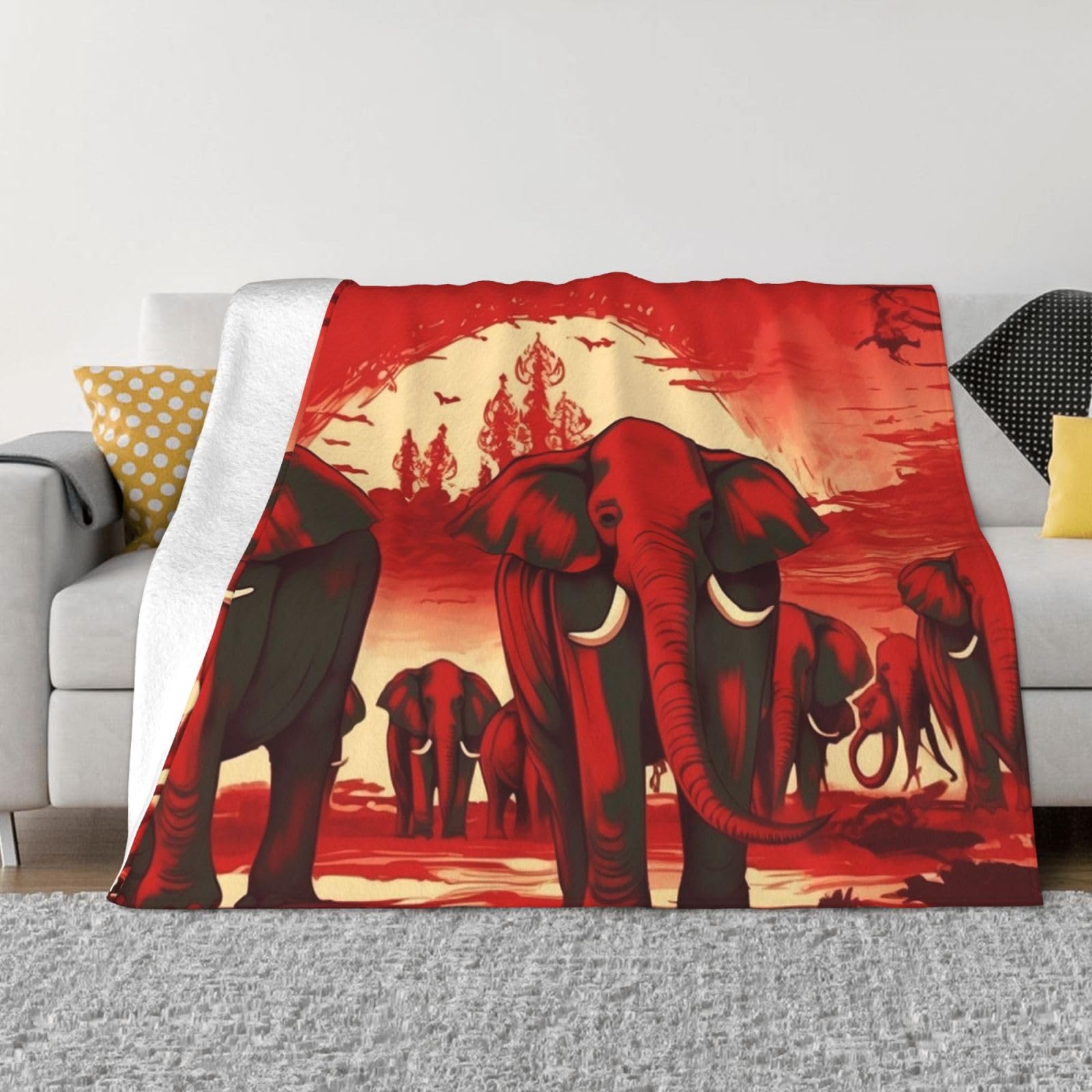 KLOPH Elephants Red Throw Blanket 40"x30" Flannel Fluffy Warm Blanket for Couch, Reversible Plush Blankets for Bed, Comfy Fuzzy Blanket for Sofa, Plush Lightweight-Blankets for All Season