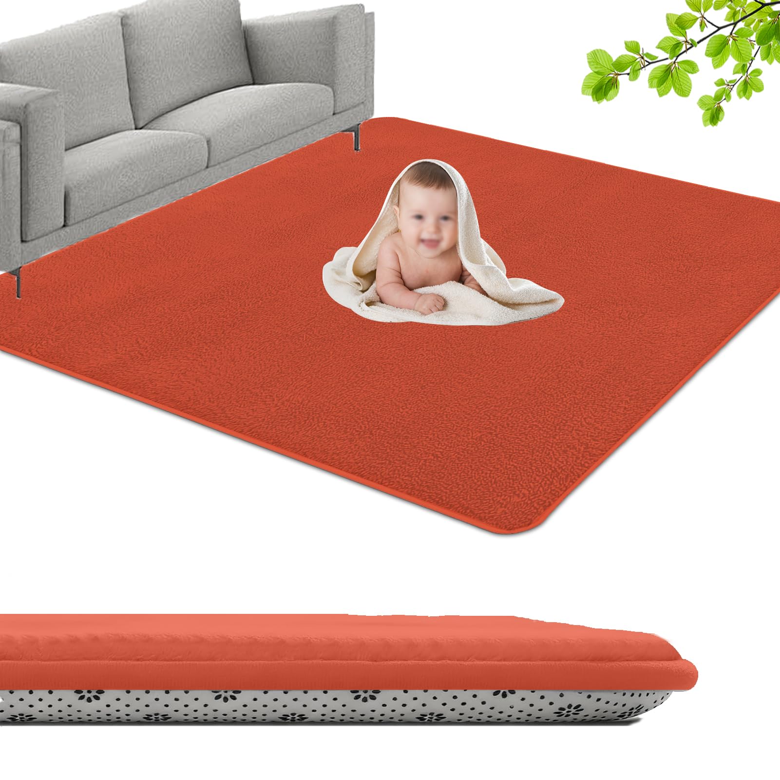 GmyoieqI Large Coral Velvet Baby Play Mat, 3CM Memory Foam Area Rug 150 x 180 cm Children's play mat Soft Play & Tummy Time, Playmat for Floor with Non-Slip Backing Crawling, Easy Care Rug Orange — image 1