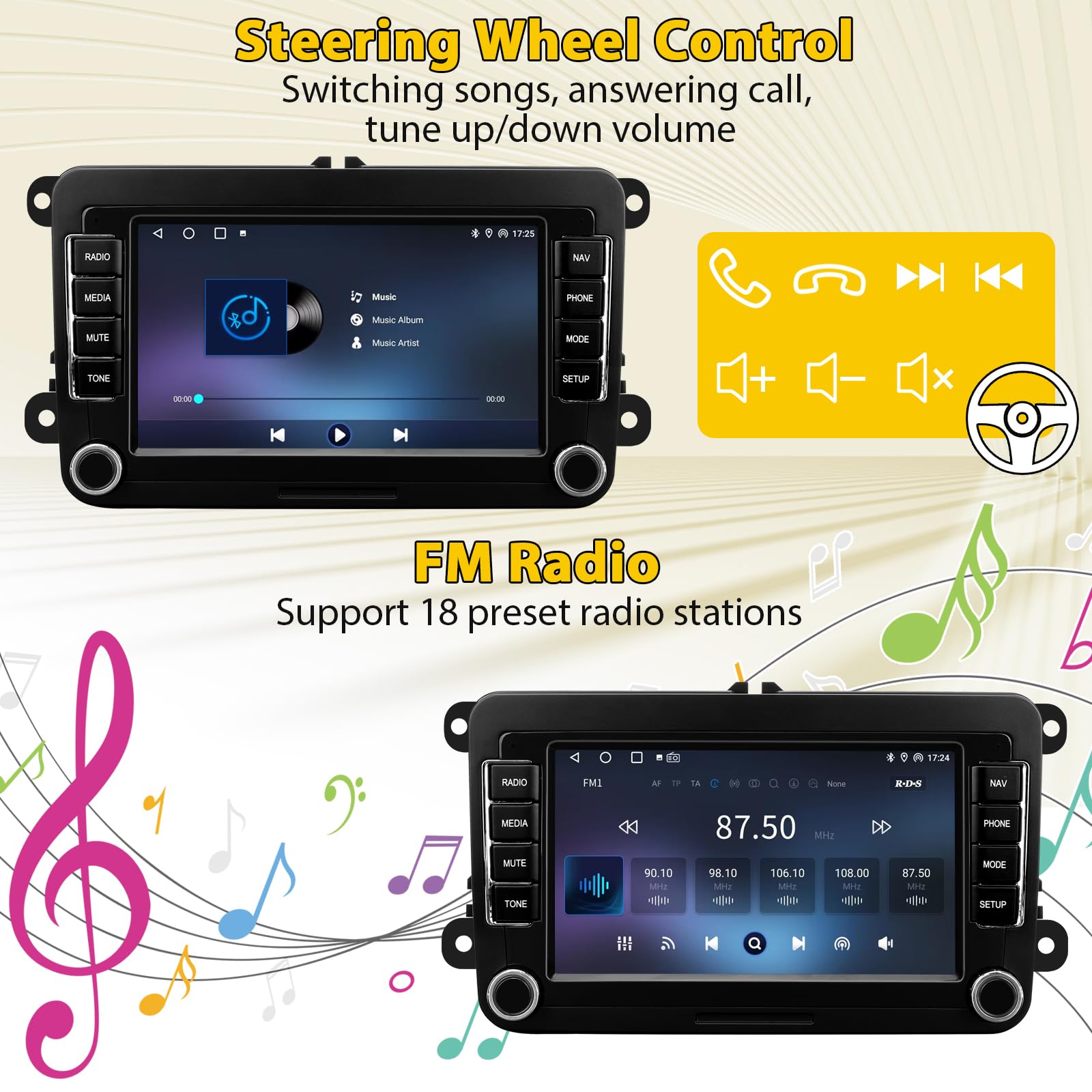 Radio Samochodowe z Bezprzewodowym Carplay Android Auto dla Volkswagen Beetle Tiguan Passat Golf Polo Jetta Seat Skoda, Android 13 7-calowy ekran Dotykowy Jednostka Glówna z GPS WiFi Bluetooth FM