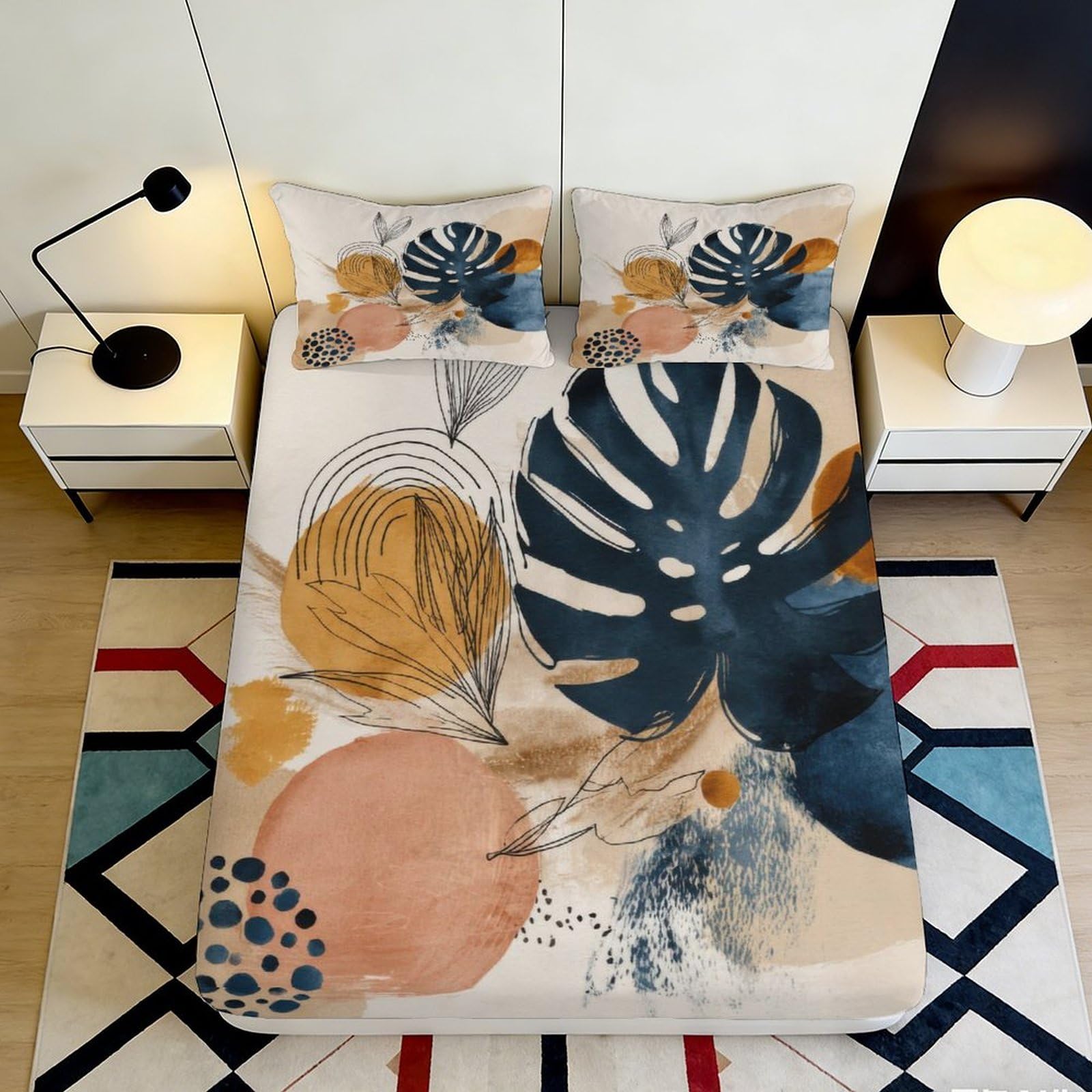 Pnayamiorkfel Style-1 3D Printed Abstract Monstera Leaf Fitted Sheet Microfiber Artistic Geometric Bed Cover For Bedroom Guest Room Decor 90X200x25cm