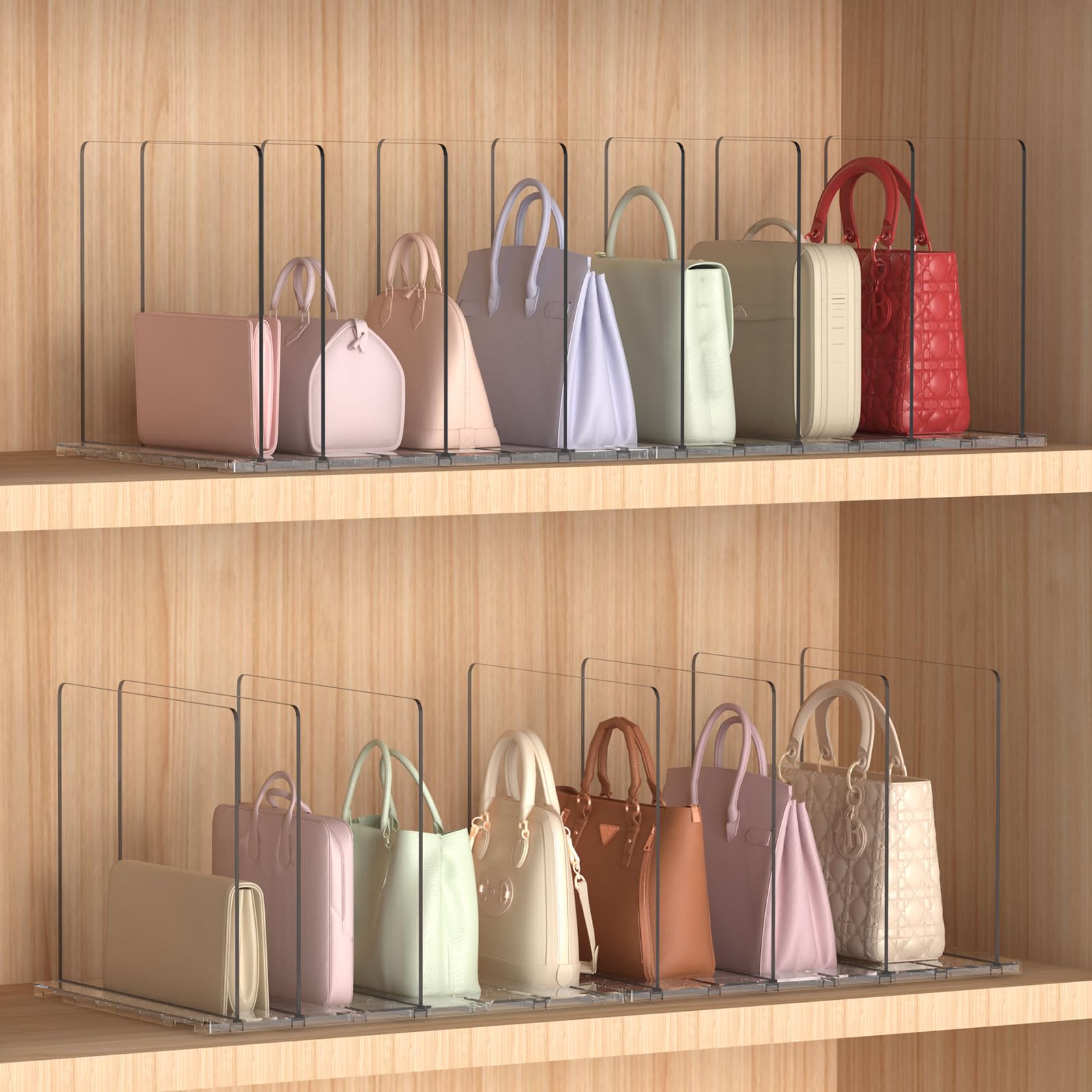 Organizador de bolso para armario, paquete de 2 organizadores ajustables de 8 capas para mujer, separadores de estantes transparentes para armario, estantería, almacenamiento, organización de