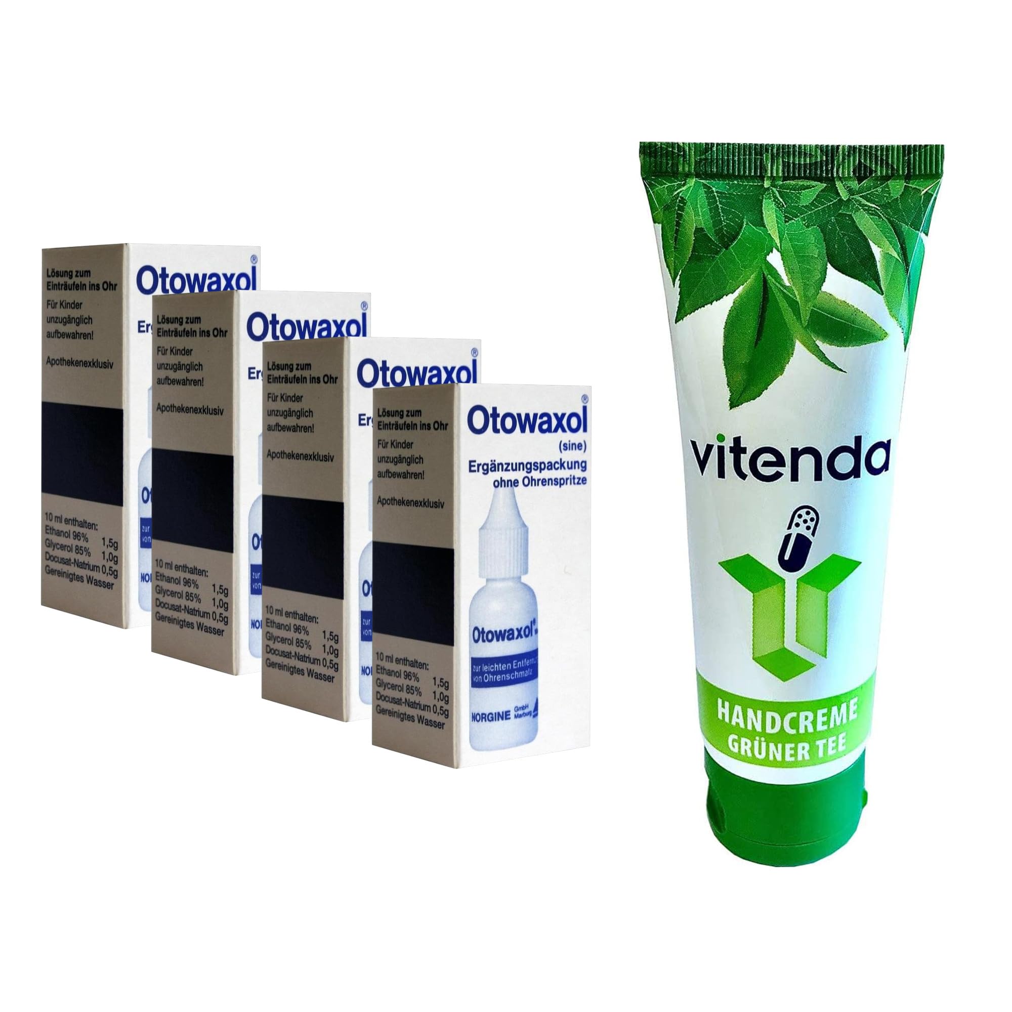 Set: Ohrenschmalz-Entferner Lösung mit Otowaxol sine zur sanften Cerumen-Entfernung, auch für Hörgeräteträger, 4x10ml – inkl. vitenda Handcreme