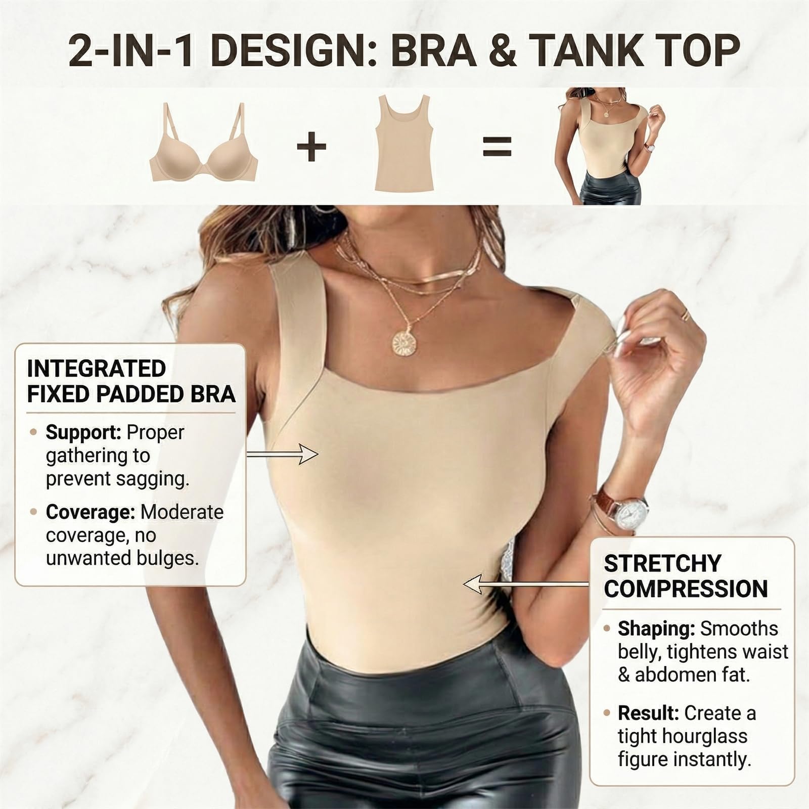 Built in Comfort Bra Tanktop,Womens U Neck Shapewear Built-in Bra,High Strechy Sleeveless Compression Camisole Workout Tops
