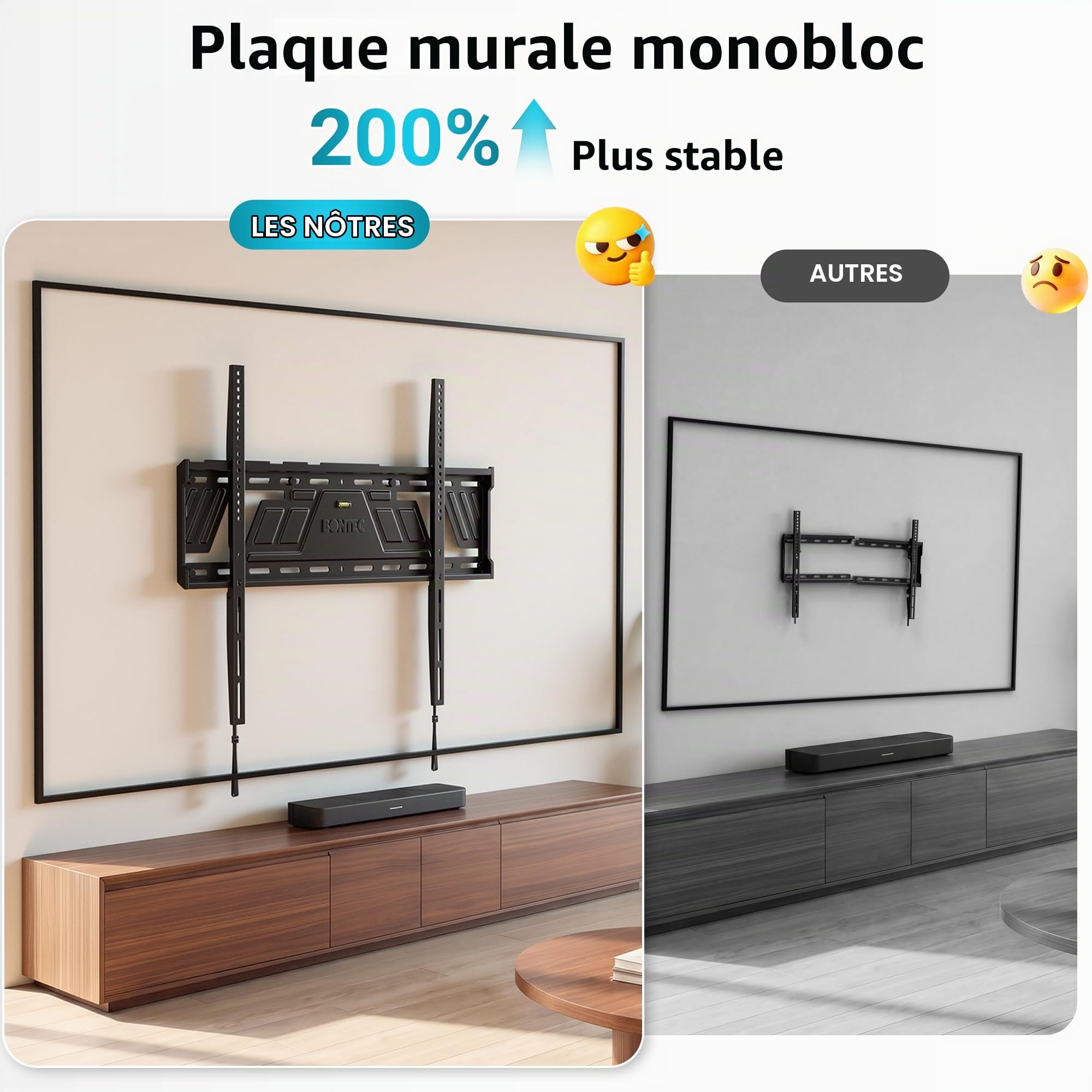 BONTEC Support Mural TV Fixe Ultra-Fin, 43-100 Pouces, Charge 100 kg | VESA max 600x400mm, Inclinaison et pivotement réglables, Pour LCD LED téléviseurs plats ou incurvés