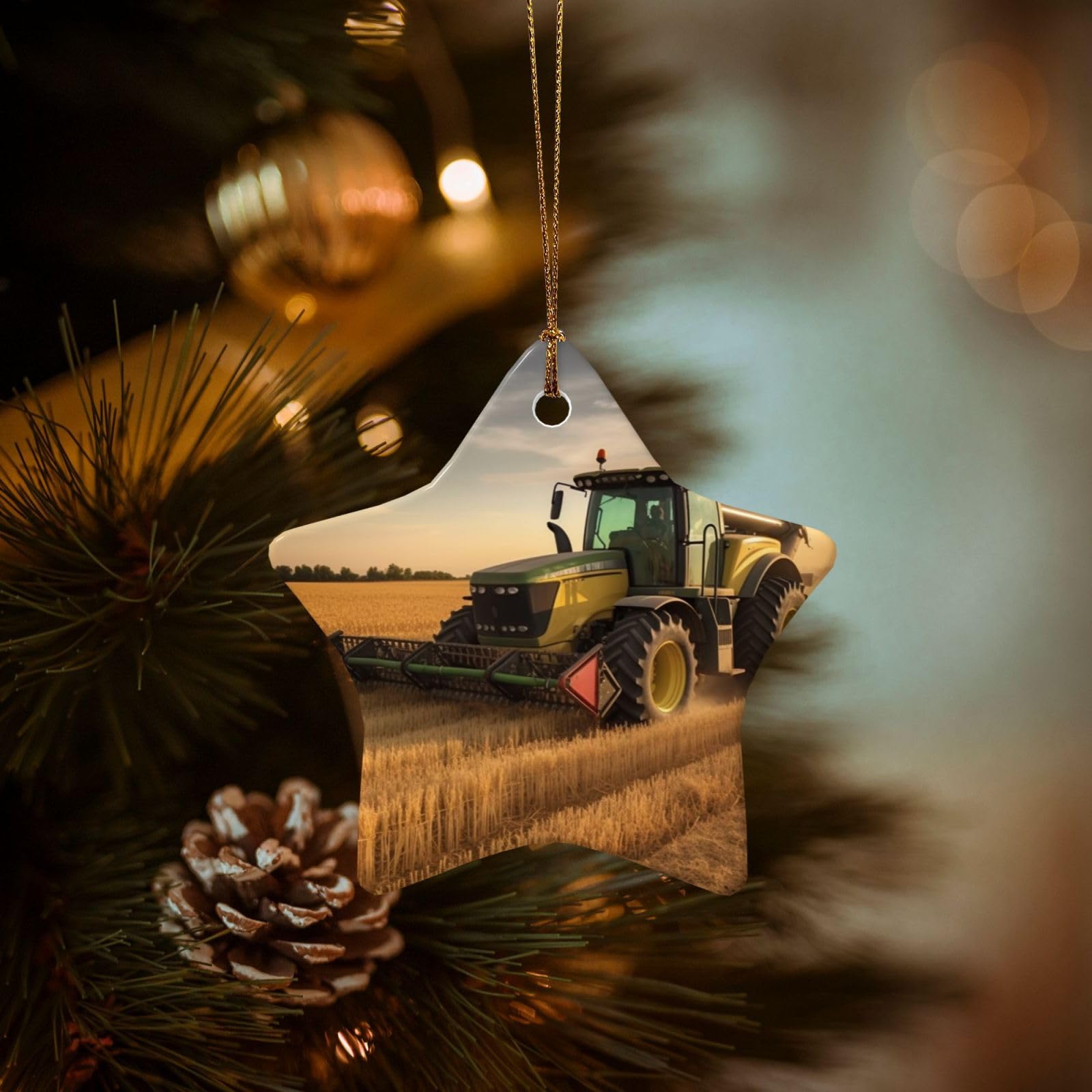 Christmas Ornaments for Christmas Tree Decoration Hanging Farm Tractor Harvest Ornament with Gold Ribbon Crafts Star Shape Ceramic Pendant for Keepsake Gifts Xmas Decor Party Supplies