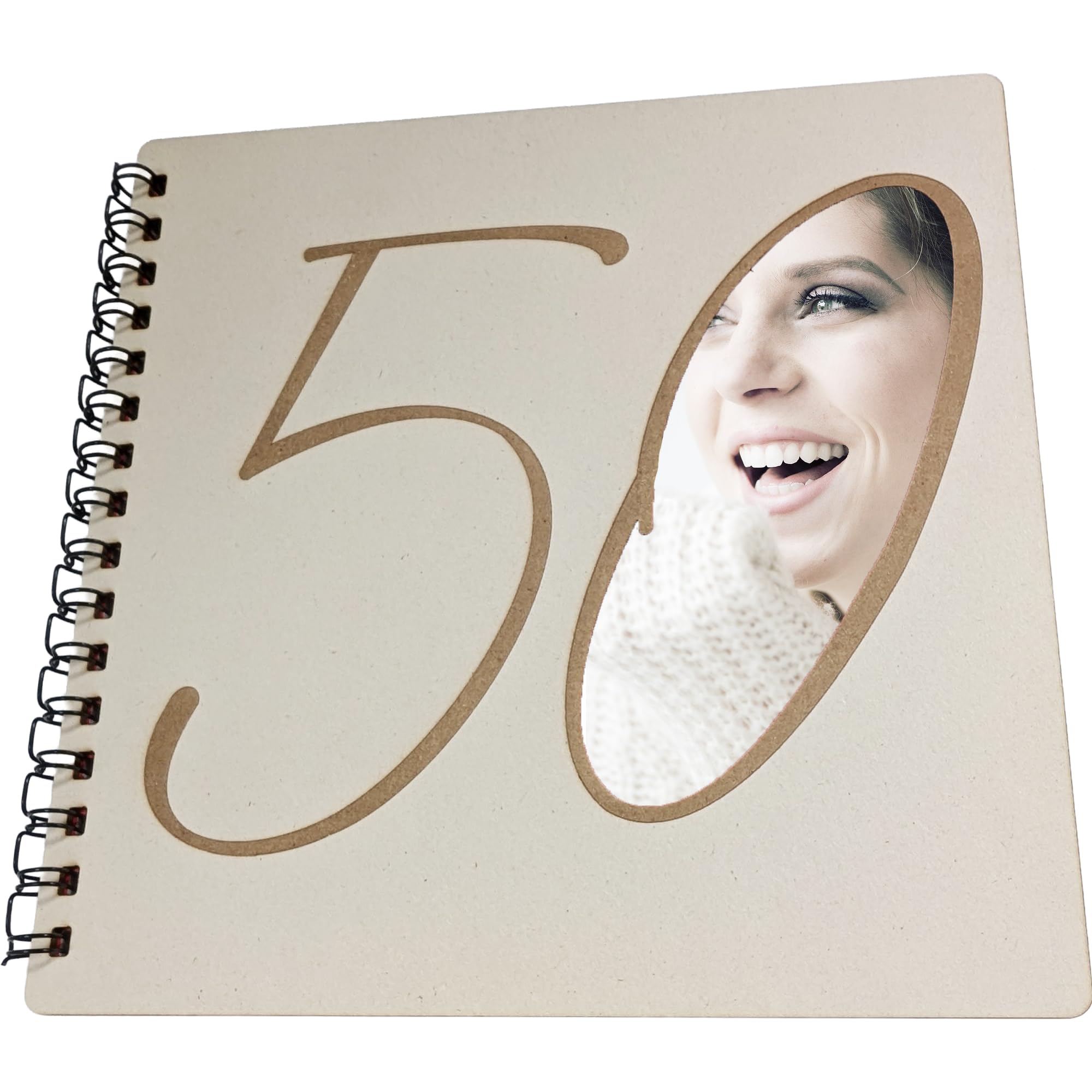 Libro de fotos de madera o libro de invitados con corte grande 50 en la parte delantera de cumpleaños aniversario