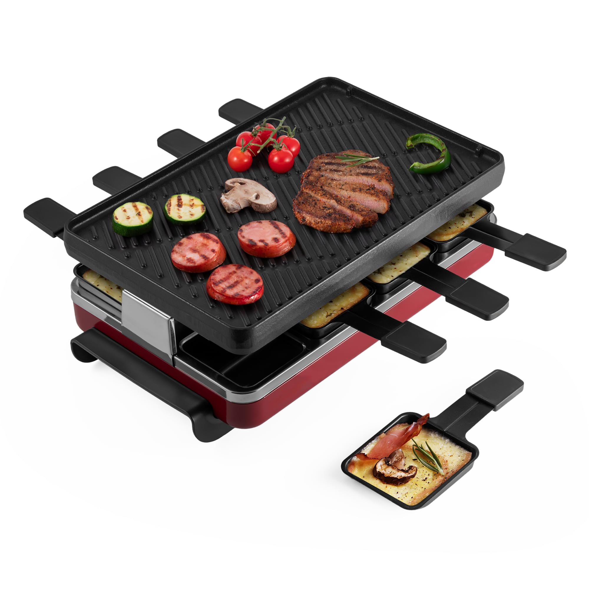 Swissmar Classic 8-Person Raclette Party Grill with Reversible Cast Iron Grill Plate/Crepe Top, Indoor Electric Raclette Grill & Griller - Red
