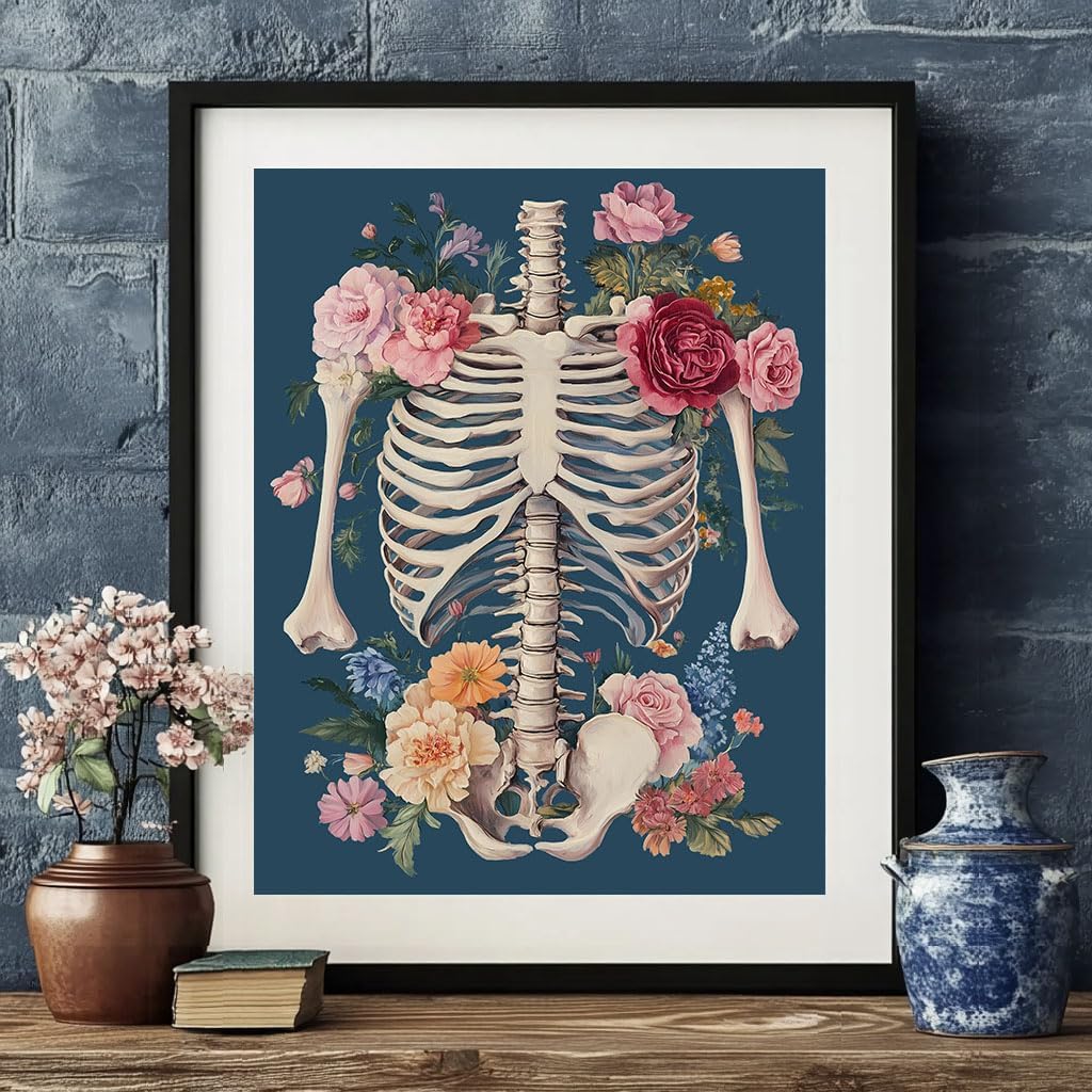 WRTCPOC Flowers Bone Stamped Cross Stitch Kits for Beginners Adults - Skeleton Human Organ Embroidery Kits Preprinted 11CT Easy Pattern Needlepoint Kits, Arts and Crafts for Home Decor 16x20inch