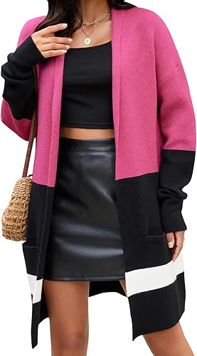 Women's Cable Color Block Knit Cardigan Sweaters Casual Open Front Loose Outerwe