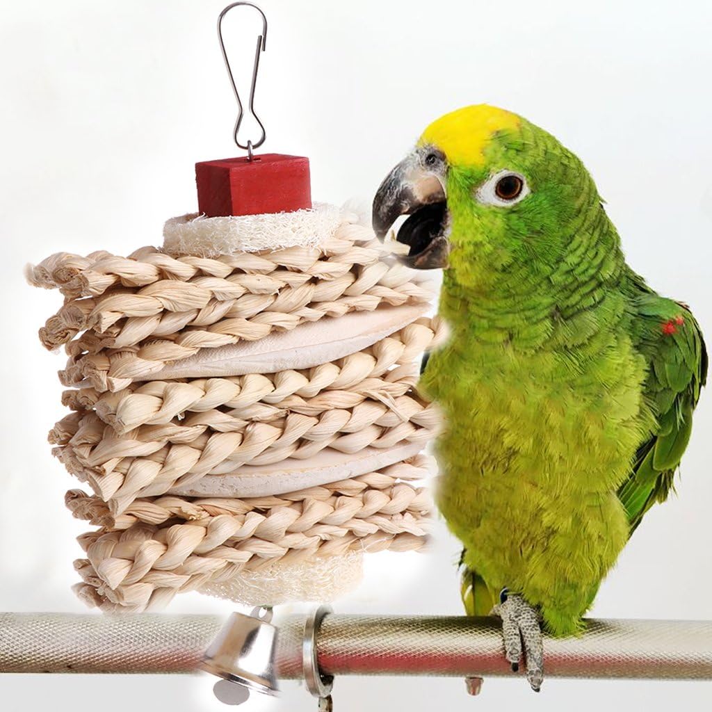 NNDA CO Parrot Toys Bird Parrot Cage Hanging Toys Cuttlebone Loofah Sponge Dough Twist Chewing Toy with Bell ,12.20"