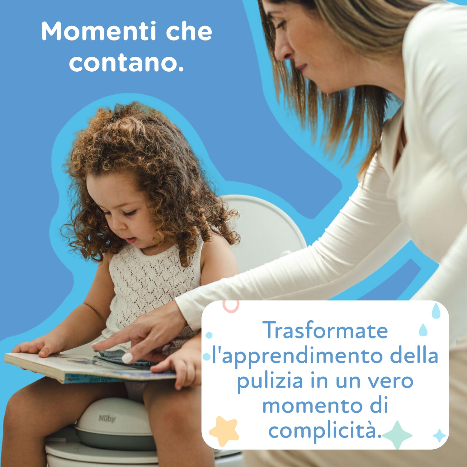 Nuby - Vasino portatile per bambini da viaggio - Wc portatile 2 in 1 Riduttore wc bambini o uso in autonomia - Con protezione paraschizzi e sacchetti usa e getta - Per imparare a usare il bagno
