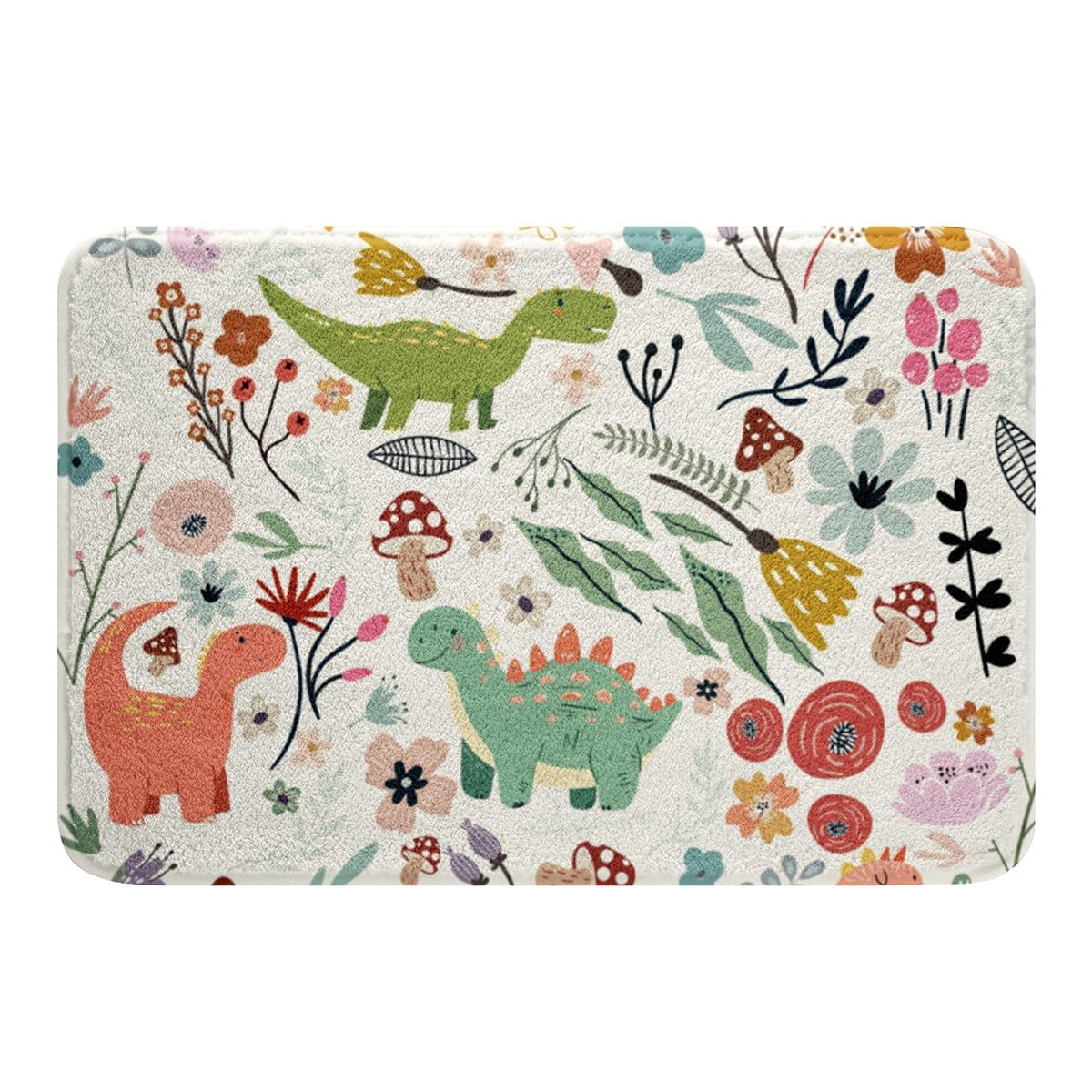 Homewish Cute Dinosaur Shower Mat 20"x32",Mushroom Floral Kitchen Mat Cartoon Animal Rug,Watercolor Flowers Leaves Bath Rug Non Slip Kawaii Shower Rug