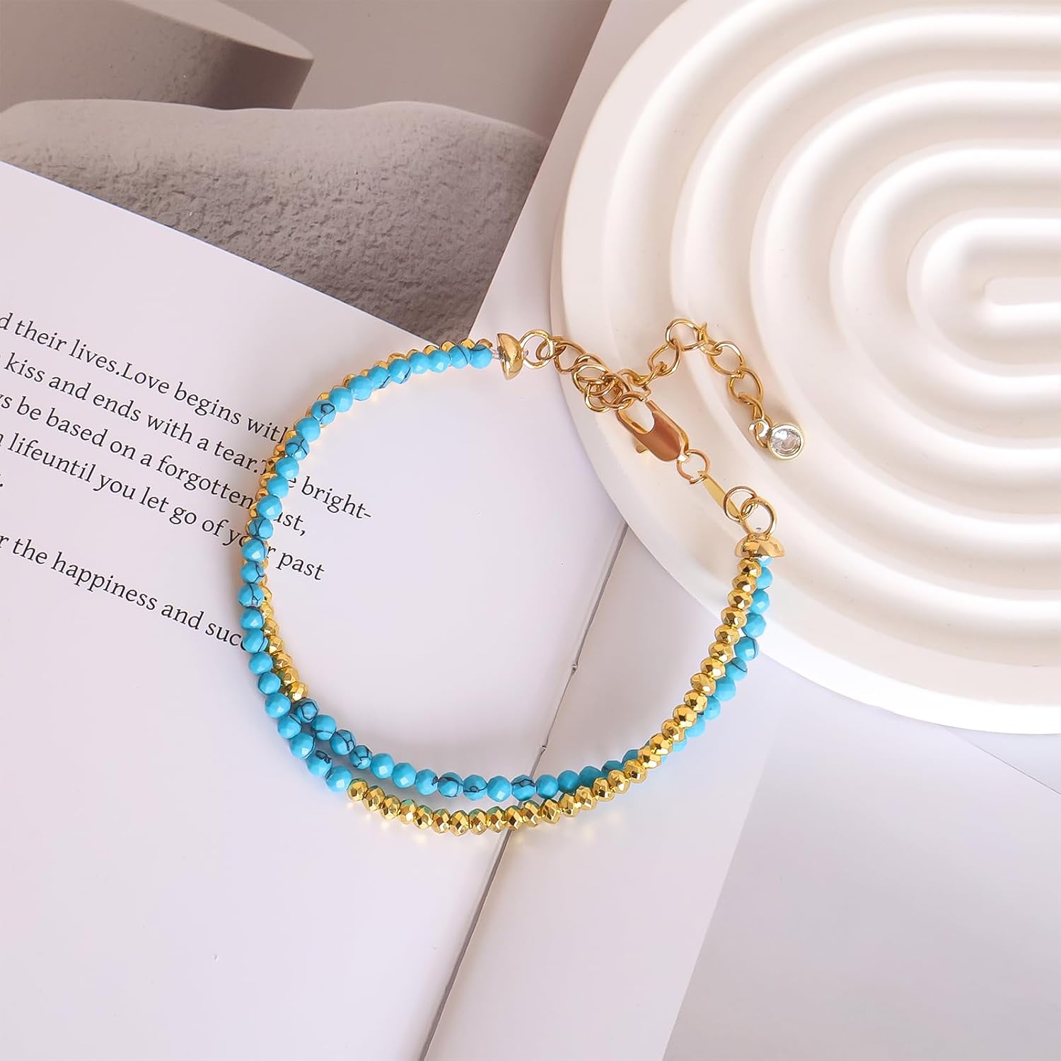 GVUSMIL Bead Bracelet for Women Layered Stone Mixed Bracelets Handmade 18K Gold Plated Beaded Chain Bracelet boho bracelets Adjustable Stackable Bracelet (Turquoise) - Image 3