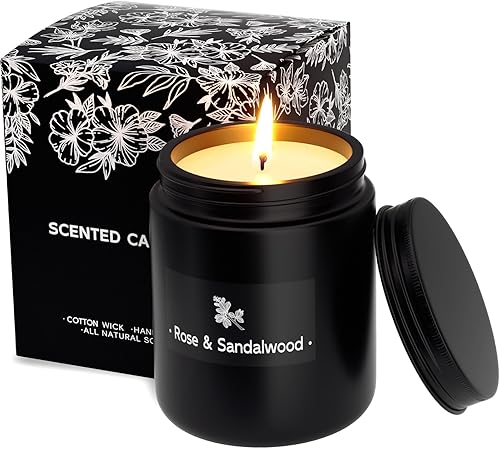 TranquilBliss Rose & Sandalwood Black Scented Candles for Men - 7.6oz Soy Wax Candle for Home Scented - Men Candle Gifts, Father's Day, Christmas