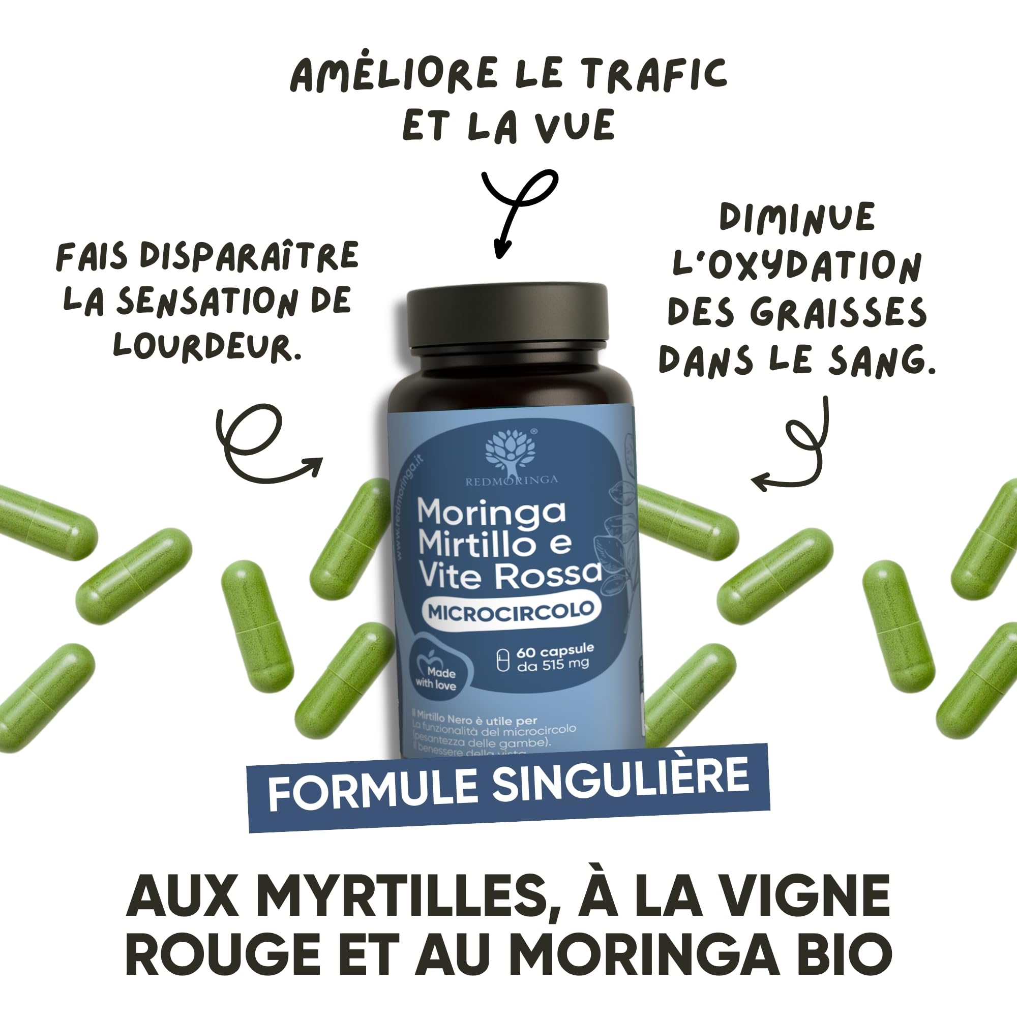 RedMoringa - Supplément Anti Jambes Lourdes & Circulation Sanguine - avec Moringa et Myrtille Noir - Jambes Légères, Drainage Naturel - 100% Naturel - 60 Gélules Végétales