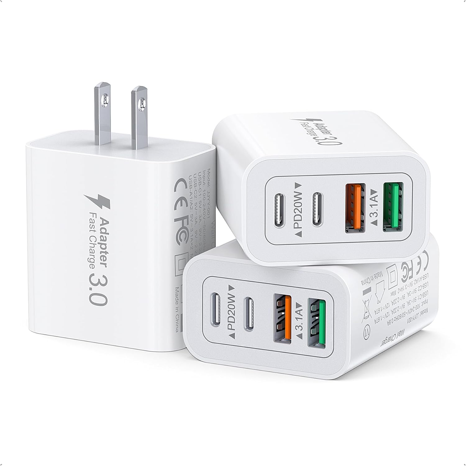 [3-Pack] USB C Wall Charger, 40W Fast USB C Charger Block, 4-Port PD+QC Wall Plug Power Adapter Multiport Type C Charging Block for iPhone 15/14/13/12/11/Pro Max/XS/XR/8/7, iPad, Samsung, Tablet
