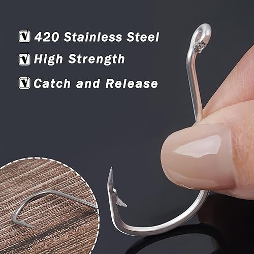 Miniatura 5 de Kit de anzuelos de pesca de agua salada, 100 ganchos de pesca con pico de pulpo, ganchos de pesca de acero inoxidable, anzuelos de pesca de cebo