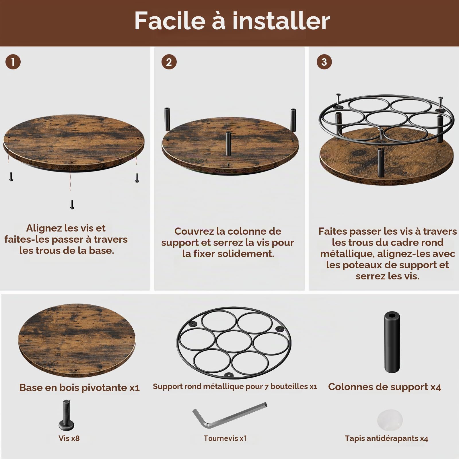 Nuovoware Support Rotatif 7 Bouteilles Sirop Café, Support en Acier au Carbone avec Base en Bois Support pour Bouteilles de Sirop de Café pour Sirops Aromatisés Thermos Liquor de Table, Noir+Marron