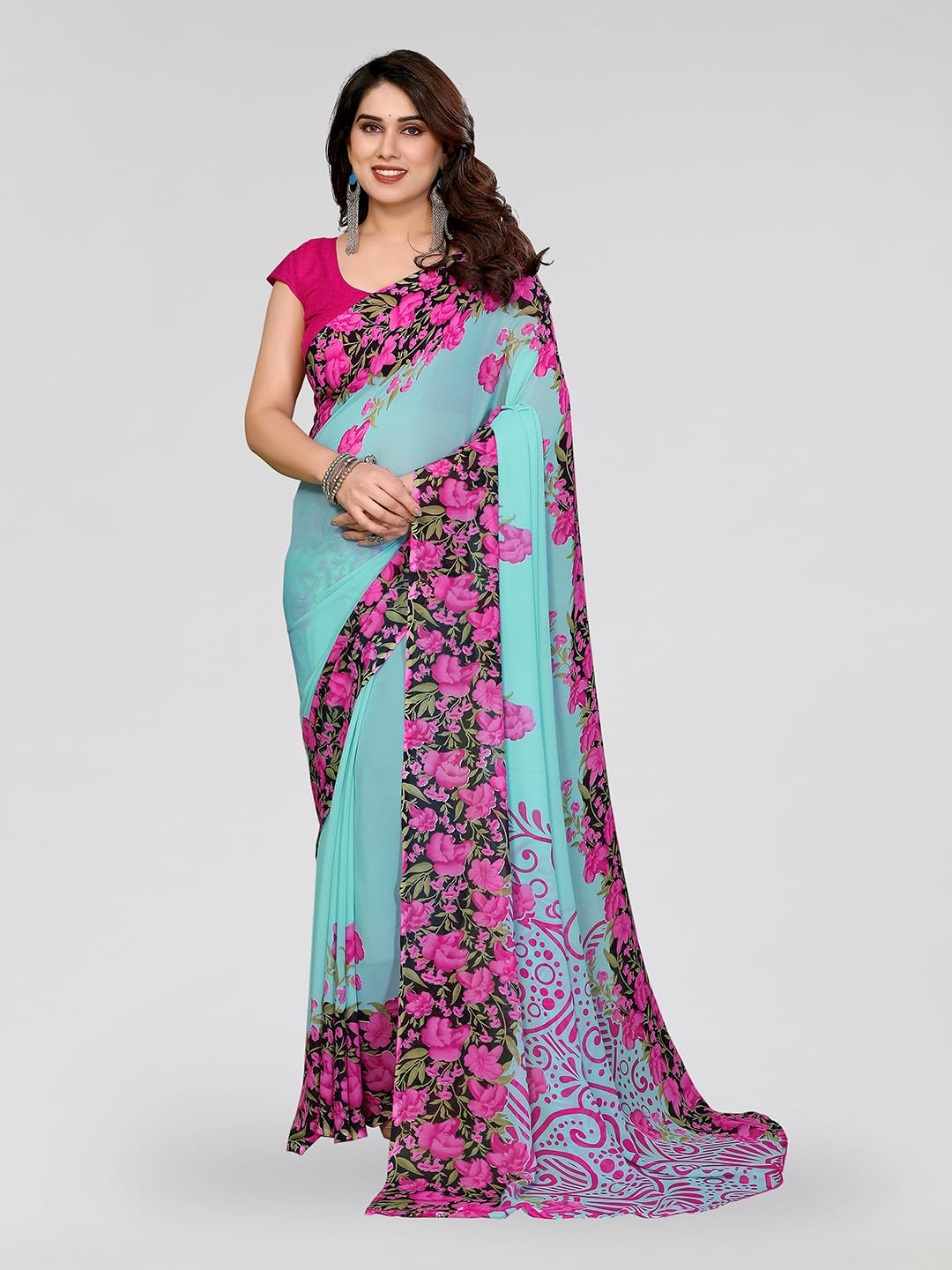 anand sarees Women's Beautiful Printed Georgette Saree With UnStitched Blouse Piece-picture-12