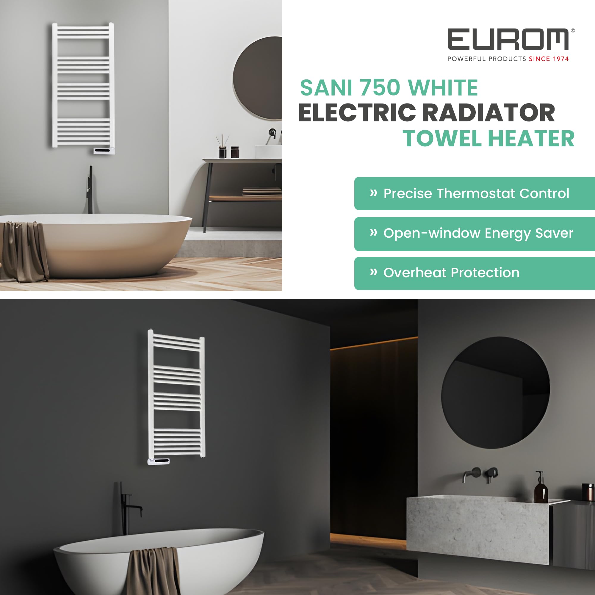 Eurom Sani-Towel 750 White Badezimmerheizung, 750W, Thermostat, Überhitzungsschutz, weiß (352474)