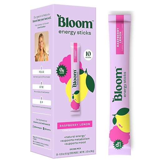 Bloom Nutrition Energy Drink Powder Packets, Sugar Free Energy Drink Mix with L-Theanine, B Vitamins & Natural Caffeine, On the Go Powder Sticks for Natural Energy, 10 Calories (10 Pouches (Pack of 1), Raspberry Lemonade)