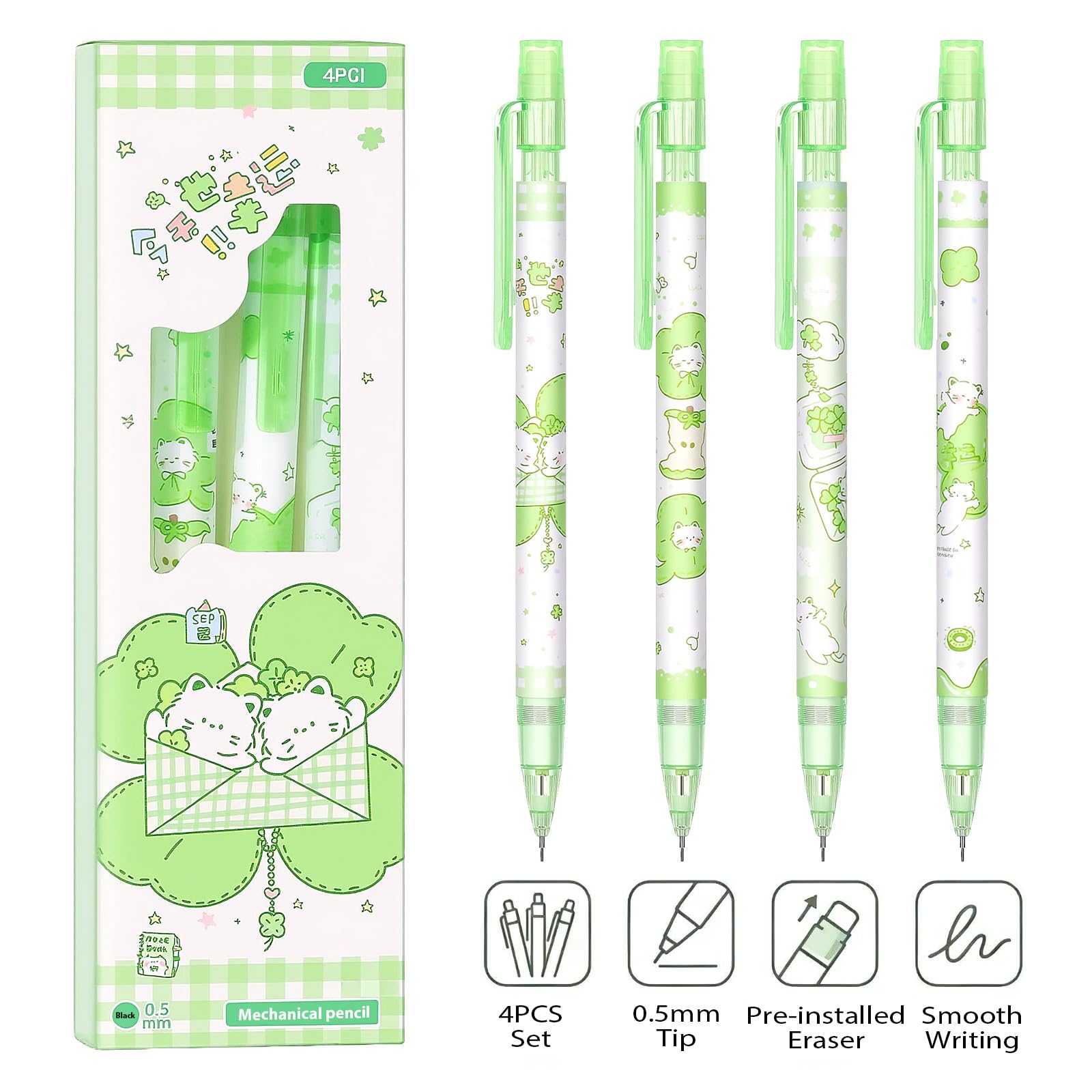 Lot de 4 porte-mines motif trèfle vert de 0,5 mm - Crayons kawaii pour l'école, le bureau, les femmes
