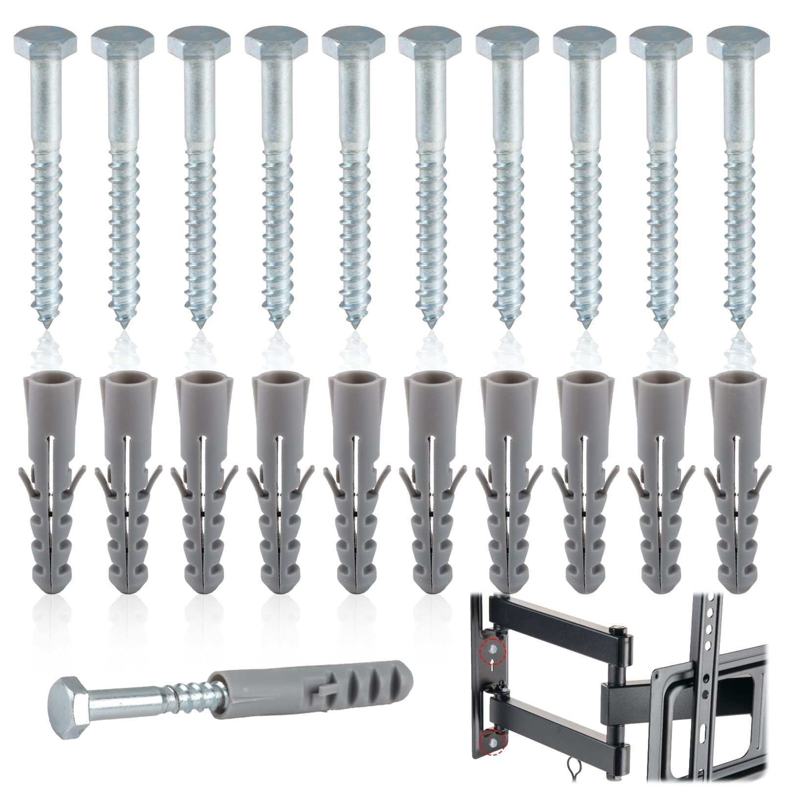 M8 x 80mm Masonry Wall Fixing Screws with Wall Plugs, 10 Pack, Zinc-Plated Coach Screws for Brick Concrete and Stone