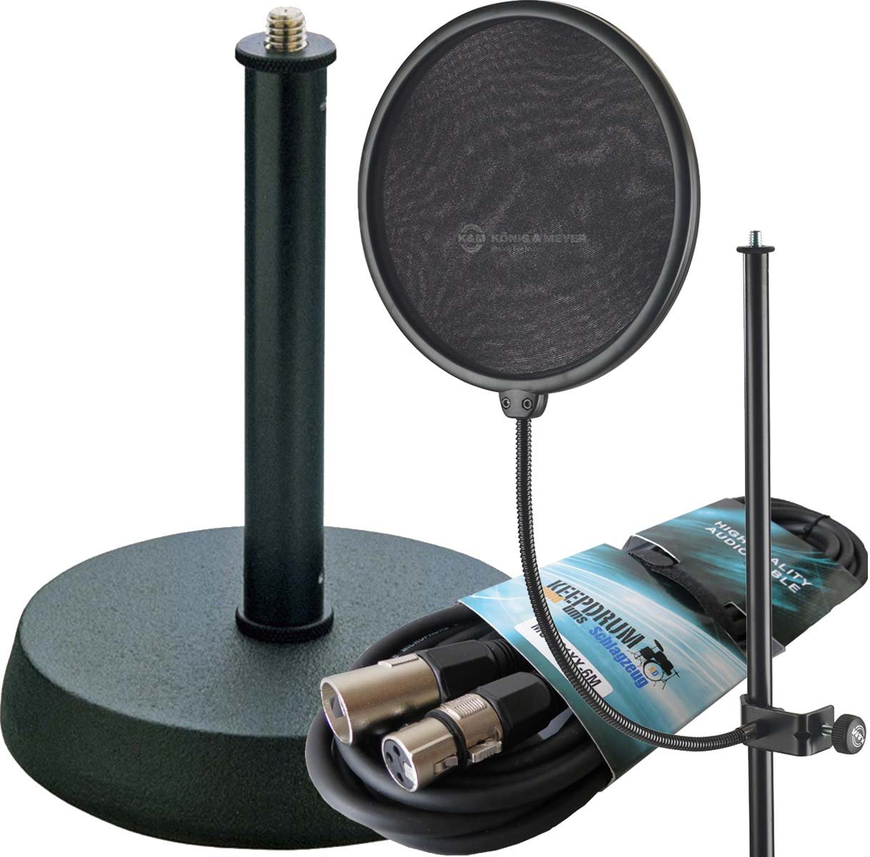 K&M 23966 Popschutz Popkiller + K&M 232 Tischstativ + keepdrum Mikrofonkabel 6m