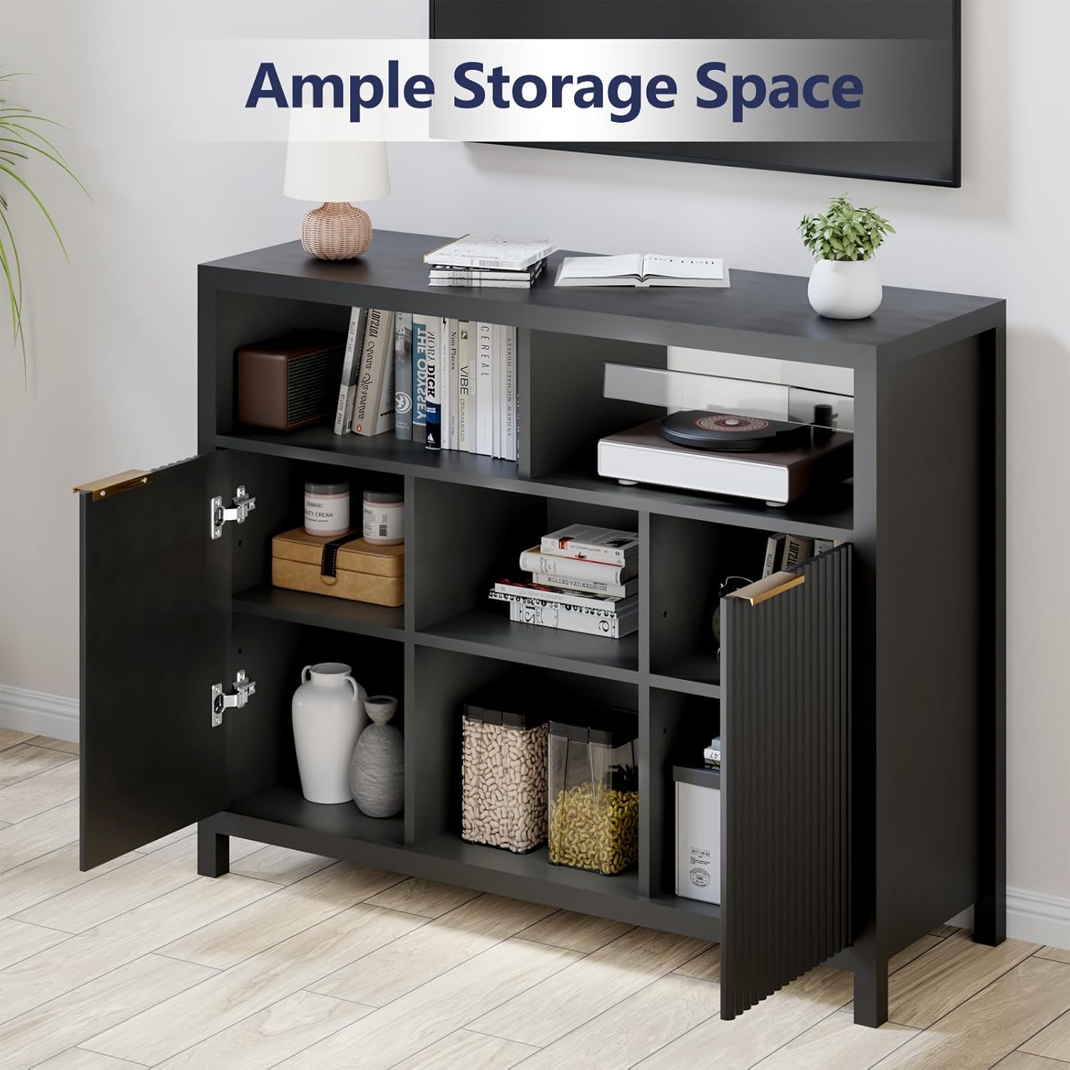 Sideboard Buffet Storage Cabinet, Modern Wood Sideboard with 2 Fluted Doors, Coffee Bar Buffet Table with 4 Large Open Shelf, Accent Storage Cabinet for Living Room Entryway, Black