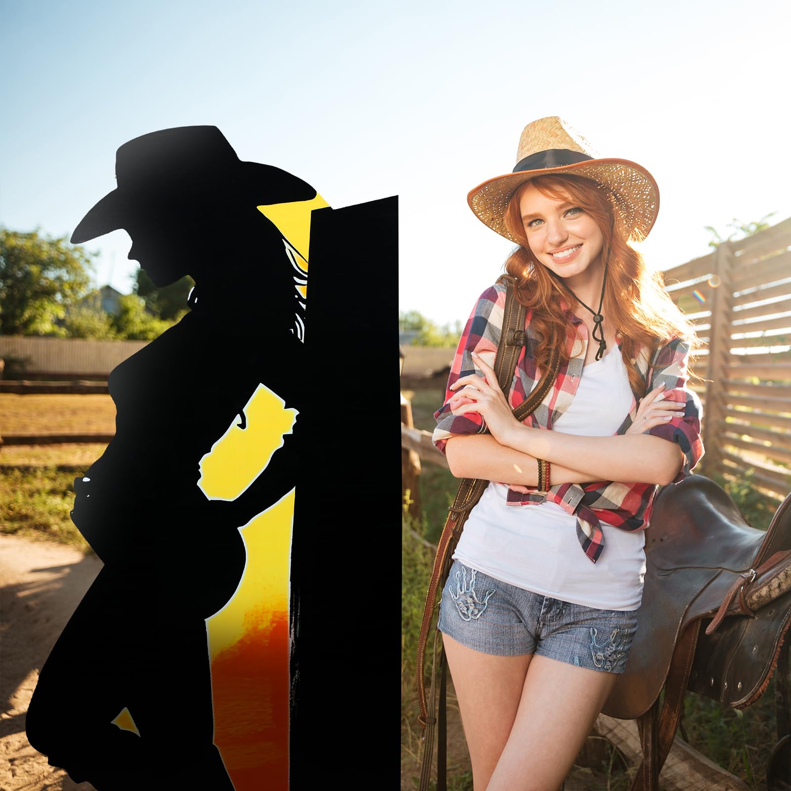 Jetec Sagoma in cartone da 1,7 m con cowgirl, a grandezza naturale, decorazioni per feste a tema occidentale, sfondo, foto, supporto per feste a tema Wild West, compleanno, feste retrò
