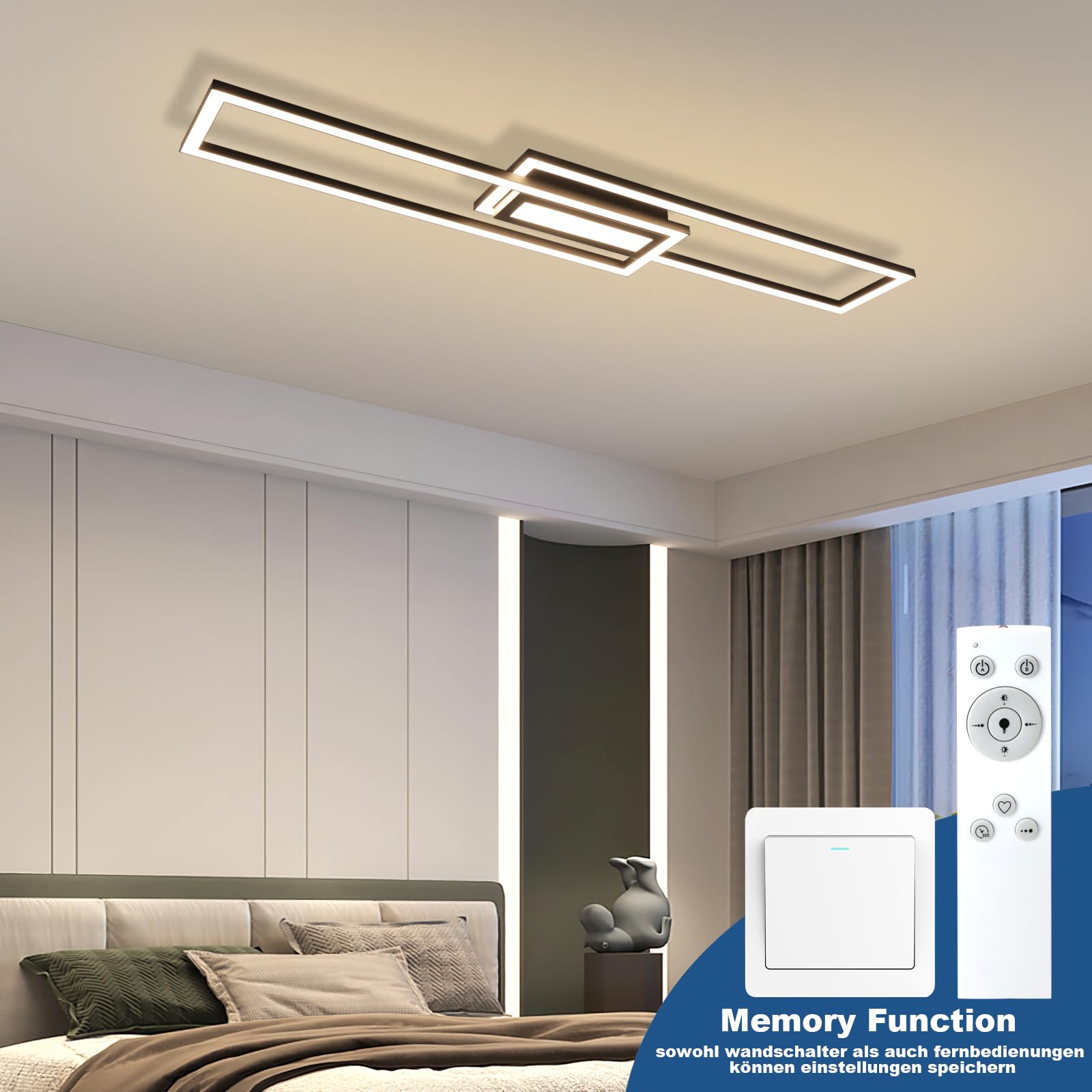 Homefire LED Deckenlampe Wohnzimmer Deckenleuchte 95cm - 50W küchenlampe Modern Wohnzimmerlampe Dimmbar mit Fernbedienung Schwarz Schlafzimmerlampe mit Memory-Funktion für Schlafzimmer Küche