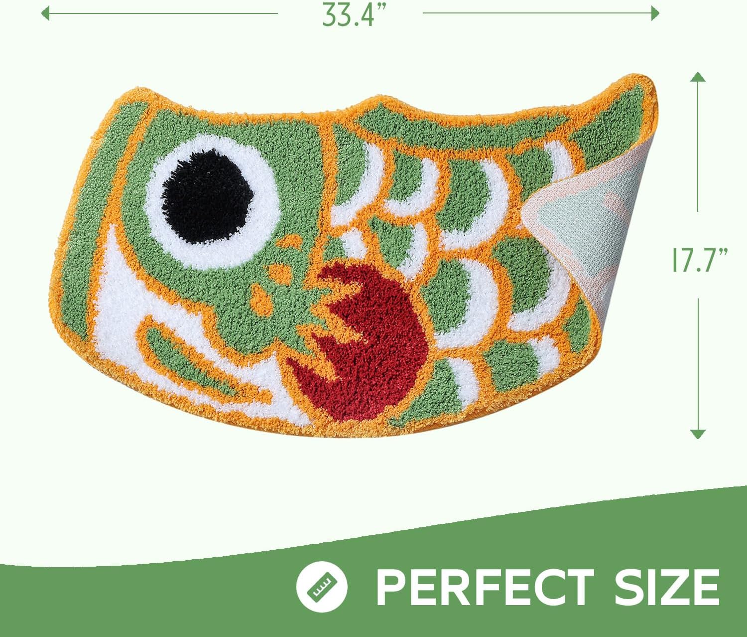 Cute Bathroom Rug Soft Green Fish Bath Rugs, Japanese Koi Decor Accent Rug, Microfiber Non-Slip Mat for Tub Shower Room Floor Carpet, Machine Wash 17.7"x33.5"
