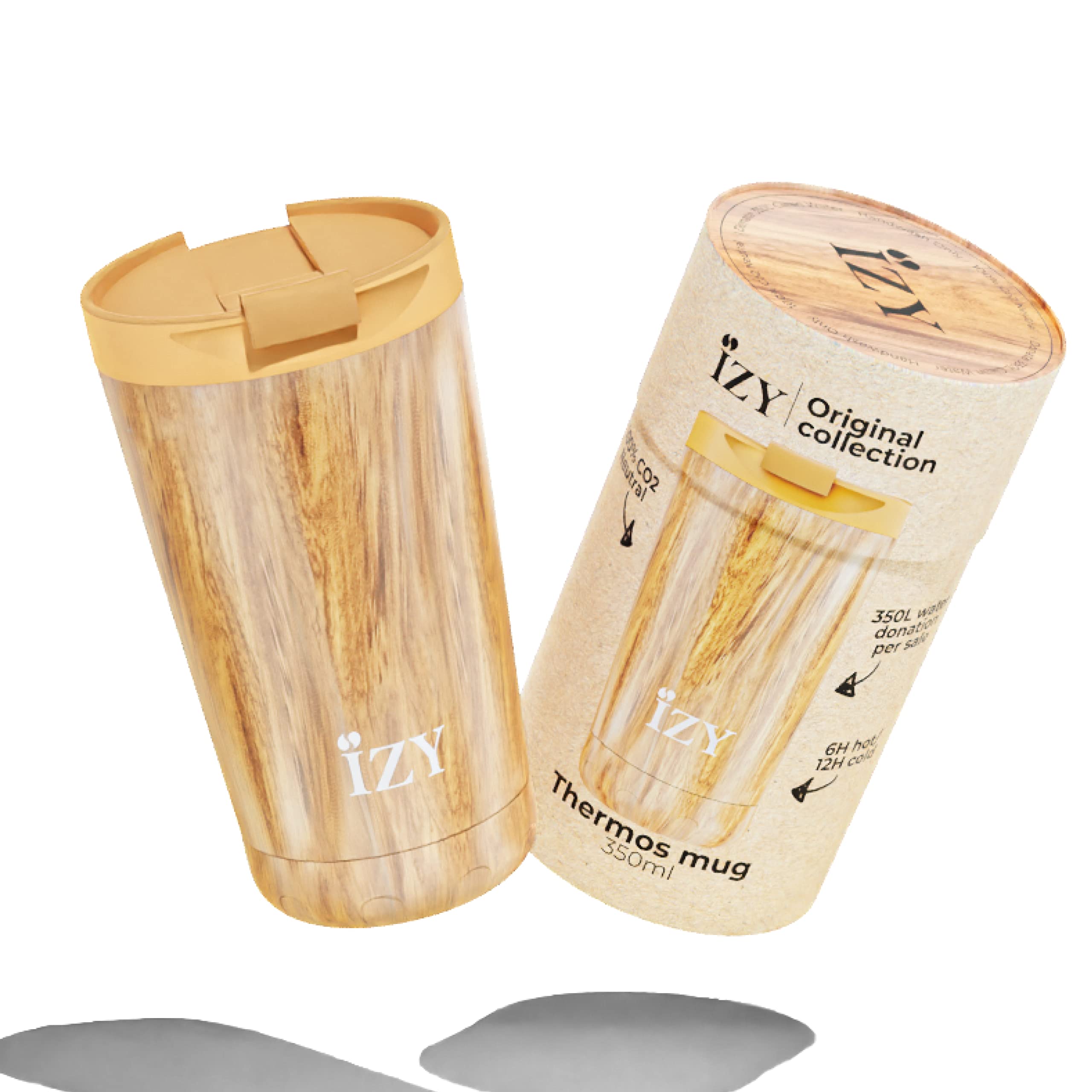 IZY Trinkflasche, Holzmaserung, Braun, Wasserspende, Thermoskanne, Kaffeebecher to go, Thermobecher, BPA-frei, Trinkflasche aus rostfreiem Stahl, Heiß oder kalt für 12 Stunden, 350 ml