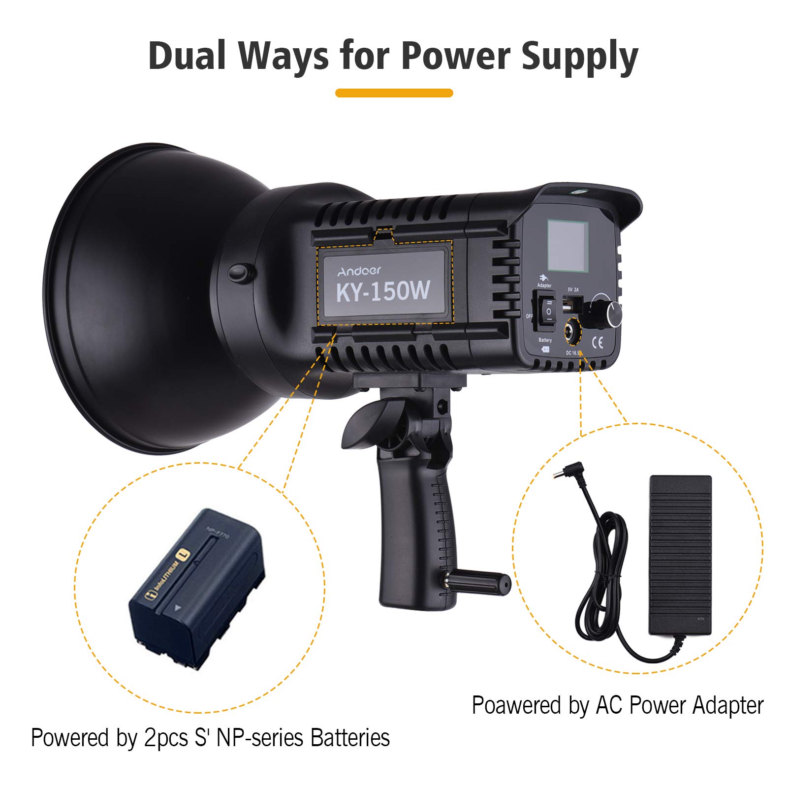 Andoer Luce Video Light da Studio Portrabile150 W Luminoso Daylight 5600 K CRI93+TCLI95+16000LM Luminosità Dimmable Bowens Montaggio Carico USB con Telecomando Adattatore AC