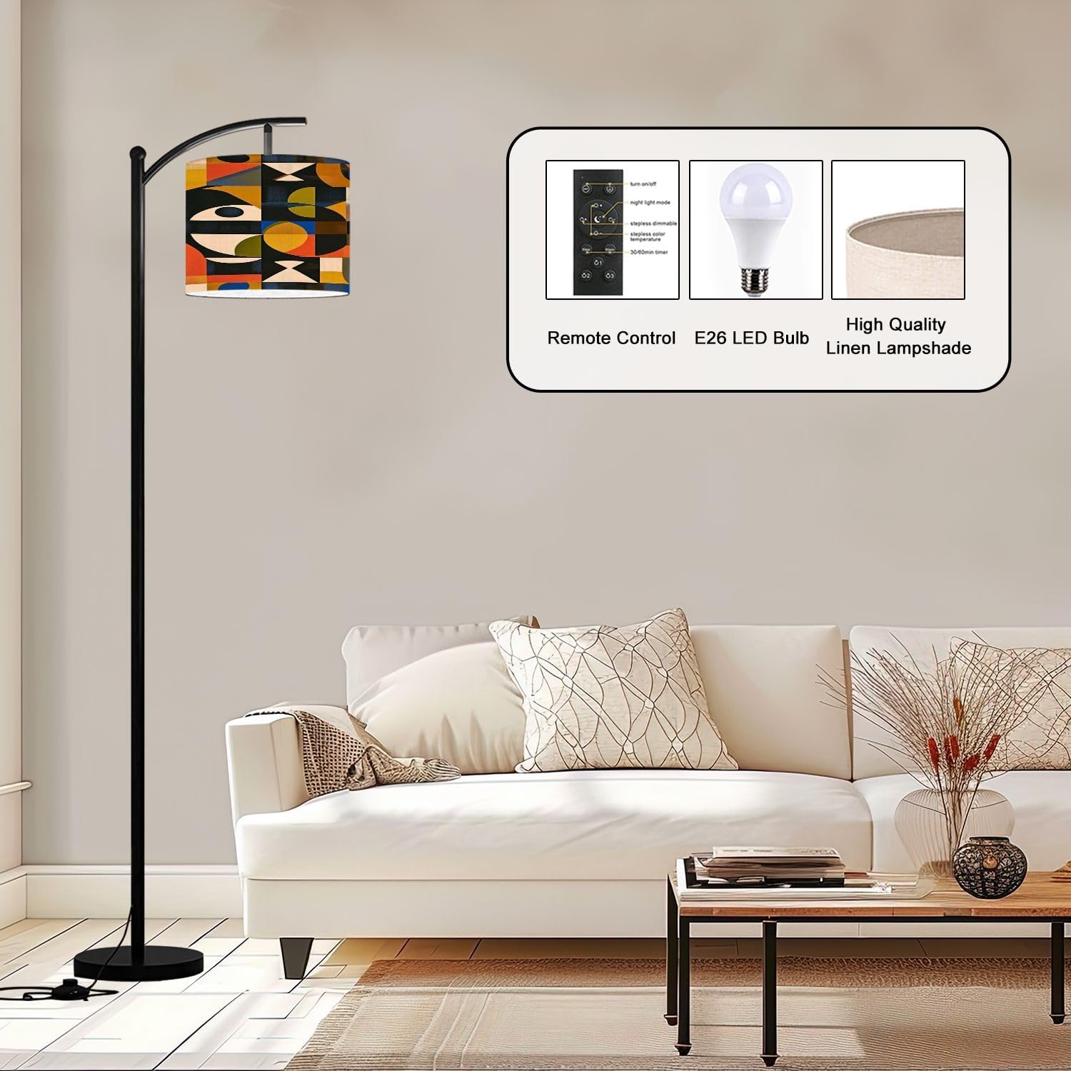 Arc Floor Lamp Mid Century abstract pattern artwork made various geometry shapes Tall Standing Lamp Modern Dimmable with Remote Adjustable Drum Shade Footswitch for Living Room Bedroom Office