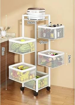 HEVIRGO Fruit Vegetable Basket,5-Layer Utility Rack,Kitchen Storage Cart,Rotating Trolley,Fruit Basket Storage Container & Metal Wire Shelf with Top Lid for Living Room,Pantry,Garage White 4-Layers
