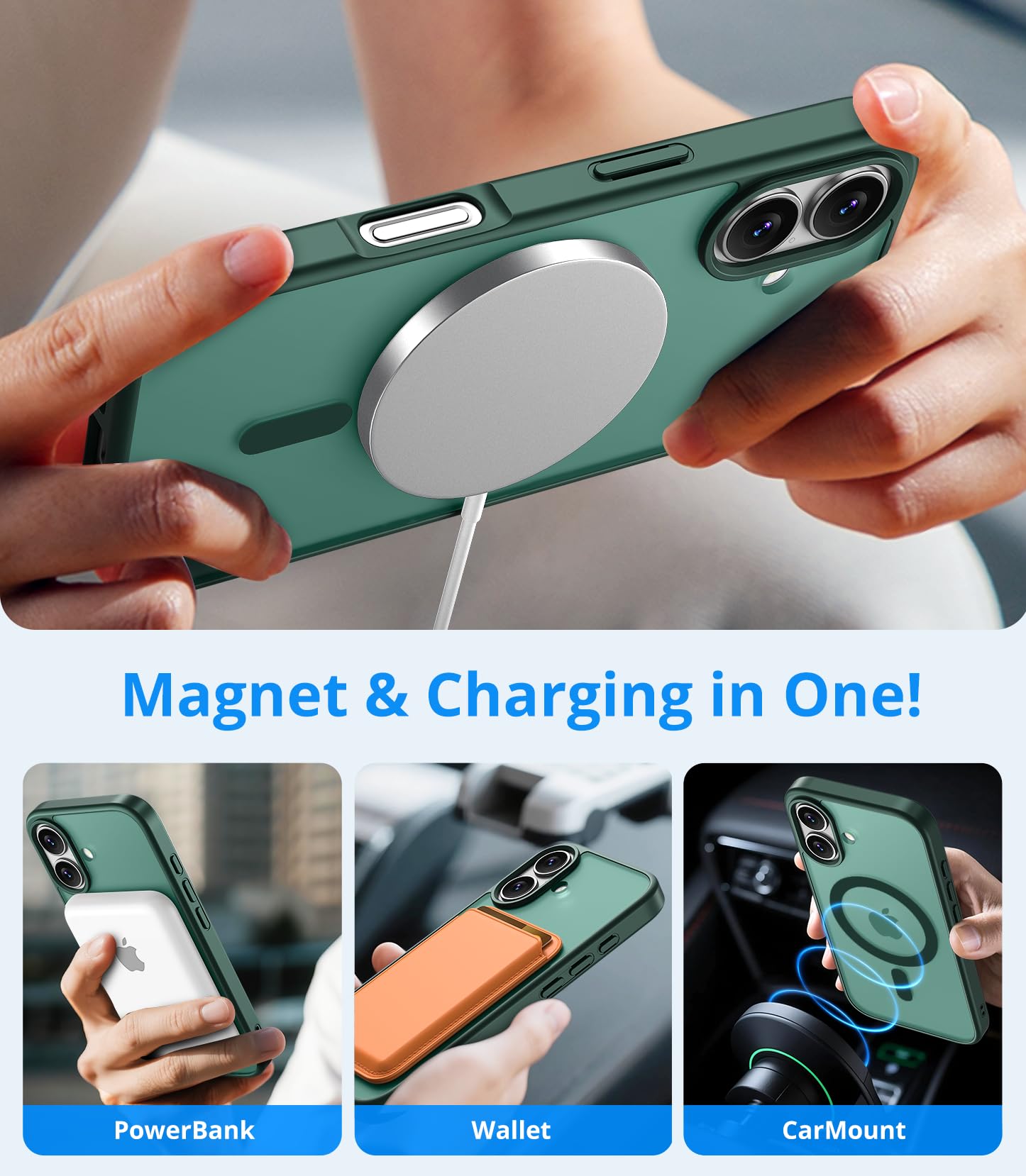 Vansdon Cover Magnetica per iPhone 16 con 1 Pezzi Vetro Temperato, Compatibile con Magsafe, Protezione anticaduta di livello militare, Custodia Traslucida Opaca Sottile Antiurto-Verde Foresta