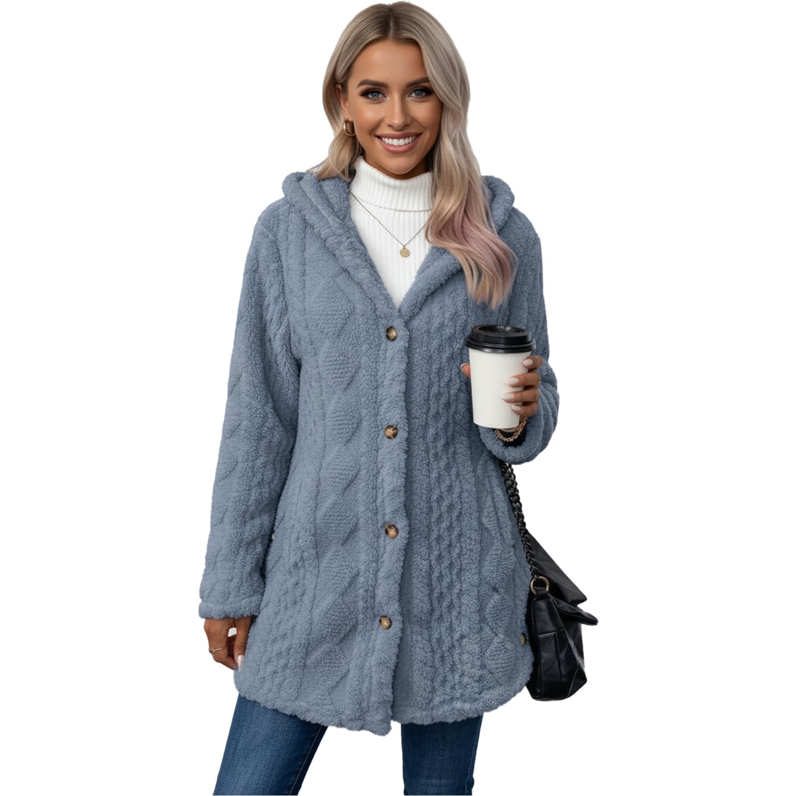 Womens Fall Winter Warm Fashion Jacquard Hooded Cardigan Long Sleeve Coat Stylish Outerwear for Casual Daily Wear