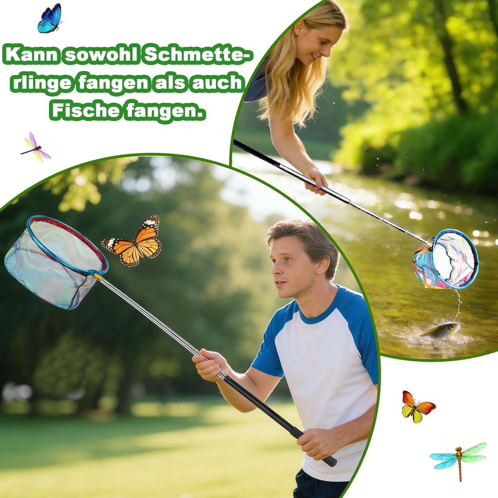 2 sztuki siatki motylkowej do wędkowania, 67 do 173 cm teleskopowy podbierak do wędkowania, siatka motylkowa, siatka na owady, małe sieci, do łowienia owadów, motyli, sieci rybackie