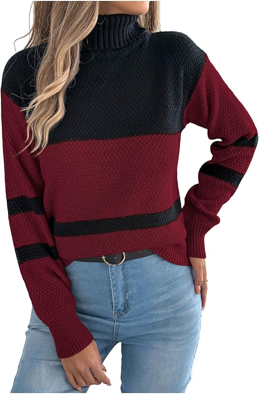 Women Turtleneck Sweaters Color Block Pullover Tops