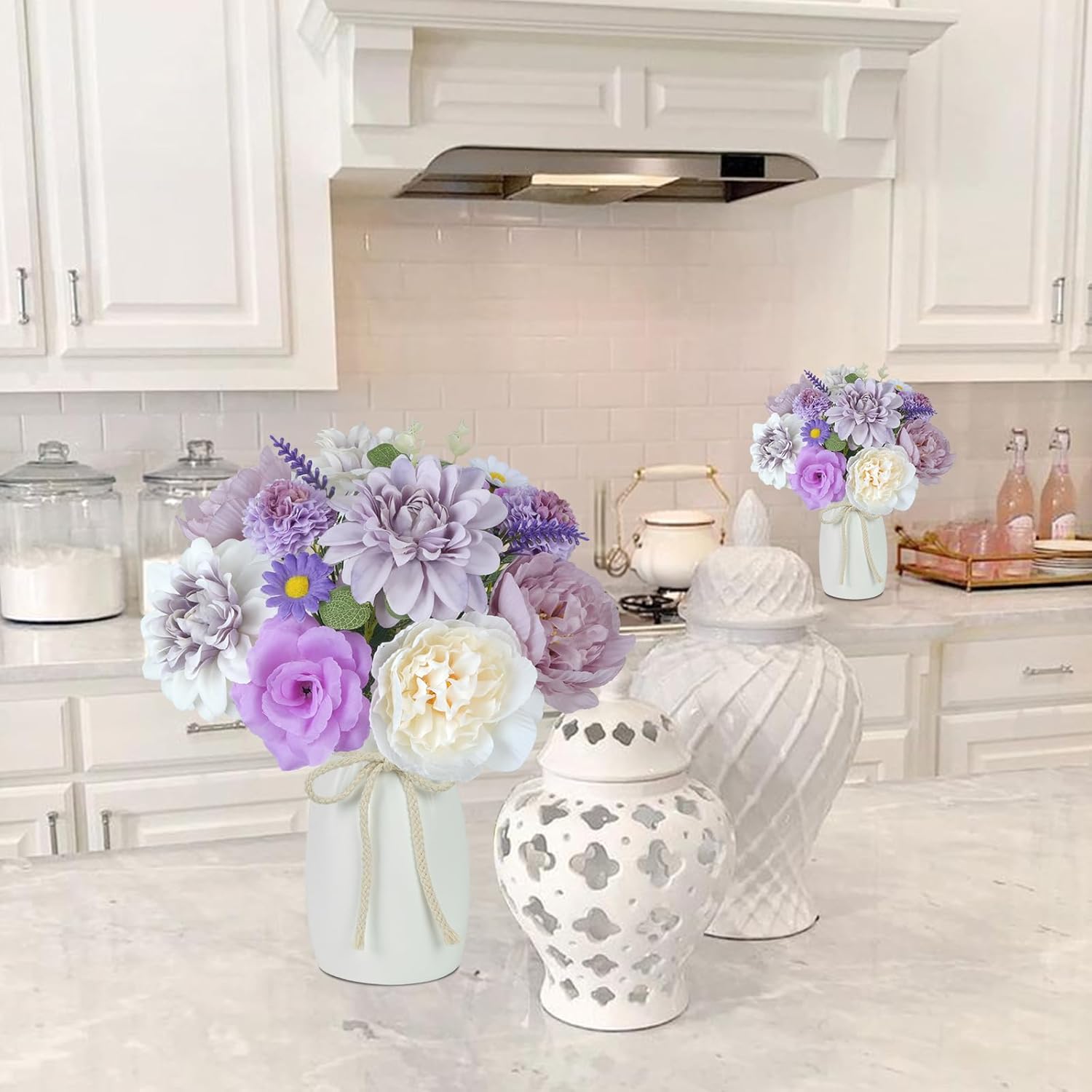 18Pcs Fake Flowers in Vase Purple Fake Peonies with Dahlia Rose Carnation Artificial Flowers with Vase for Home Wedding Party Table Centerpieces Indoor Outdoor