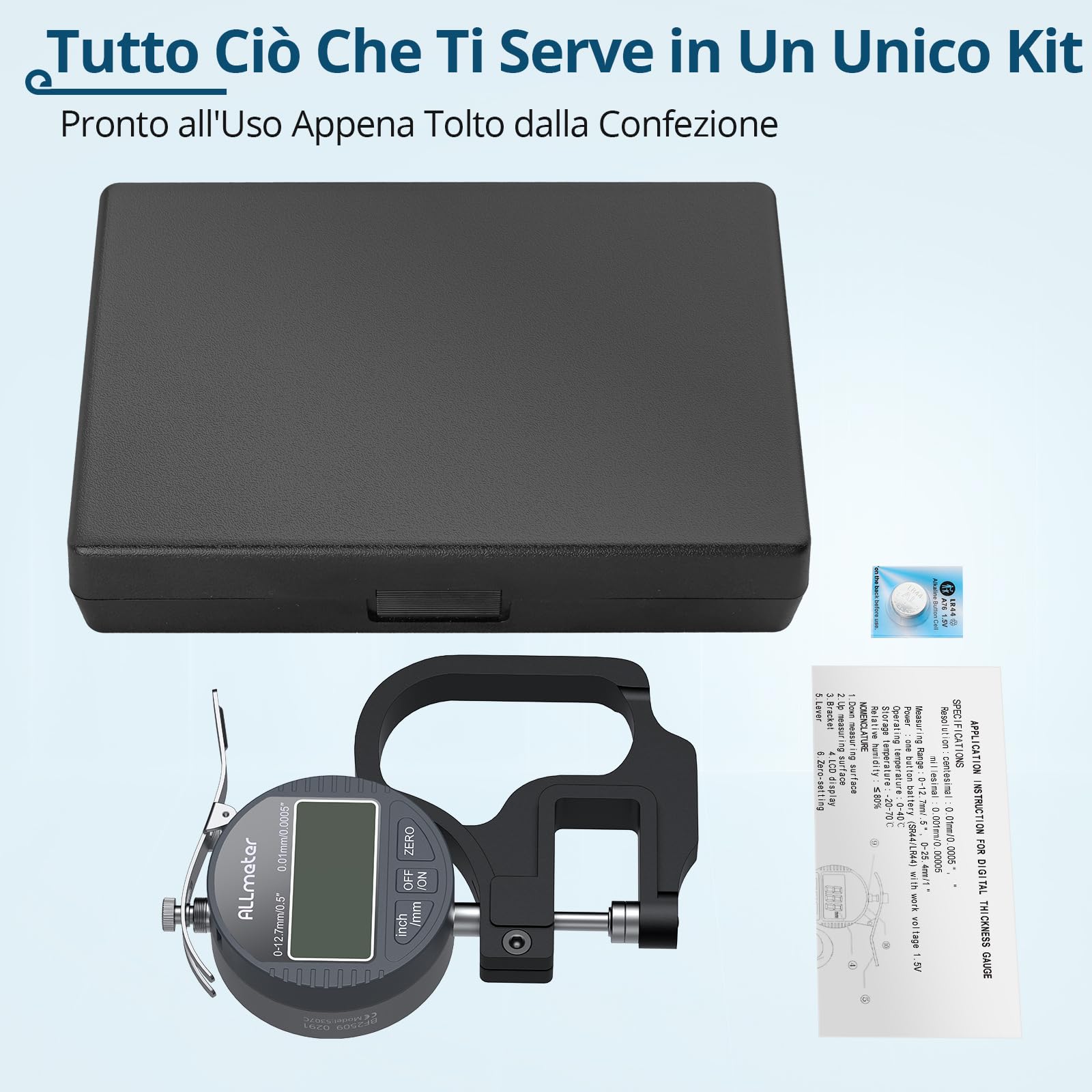 Calibro per Spessori Digitale 0-12,7mm/0-0,5" con Precisione di 0,01 mm/0,0005", Misuratore di Spessore Elettronico con Display LCD e Funzione Auto-Zero per Pelle, Carta, Tessuto