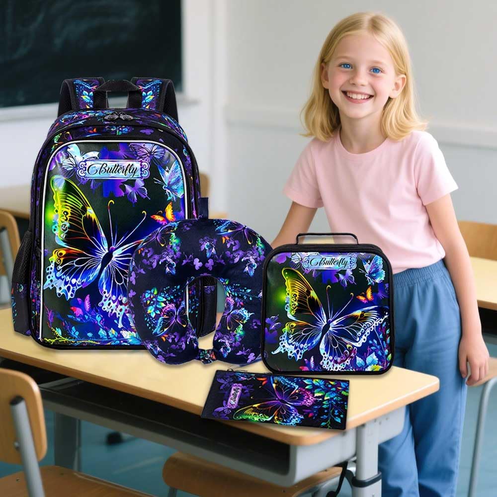 18" Kids Suitcase for Girls, 5Pcs Carry on Luggage With Wheels, Butterfly Suitcases for Toddler Children(Black)